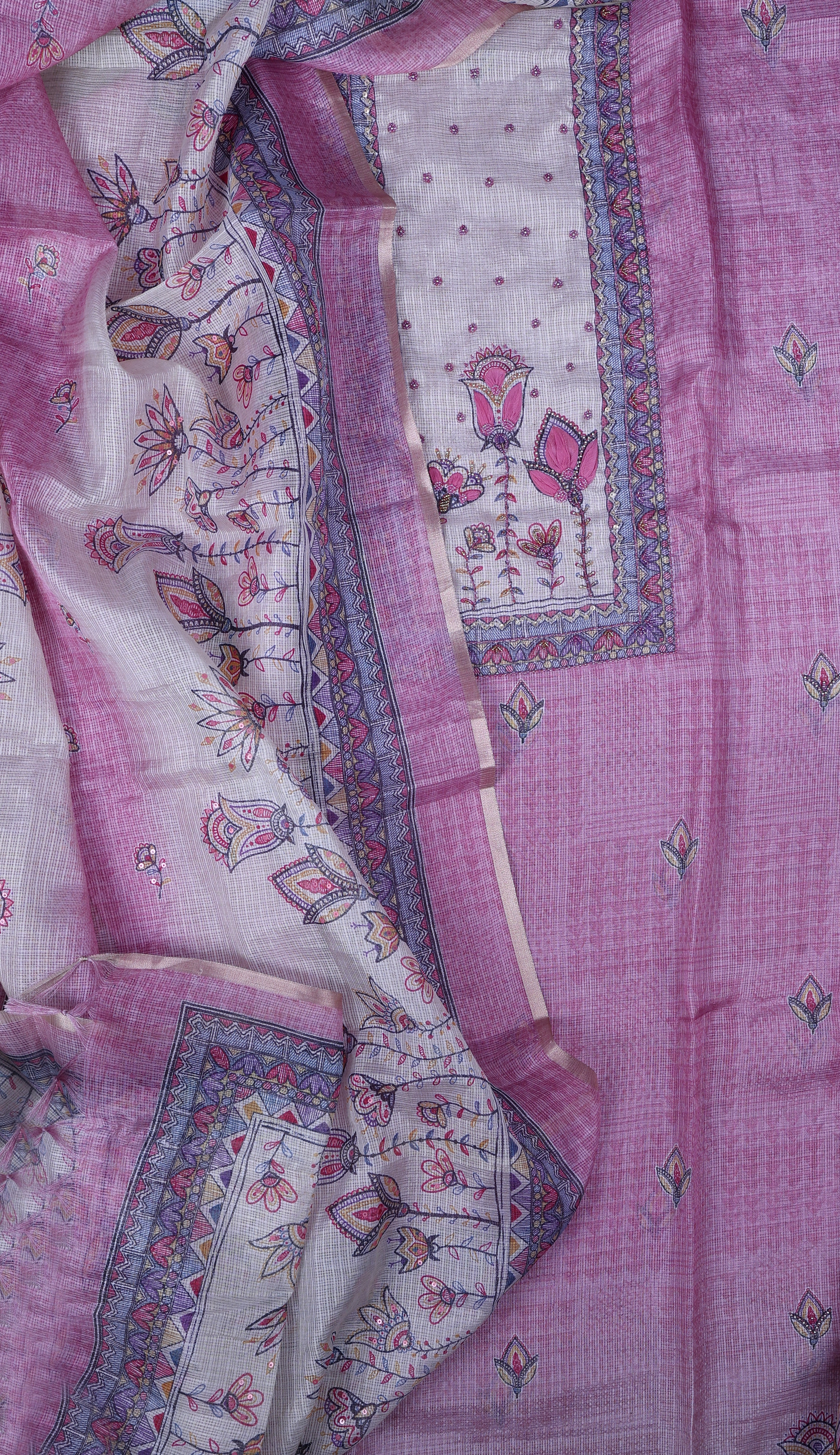Rose Pink Kota Silk Suit Set with Pearl & Thread Work
