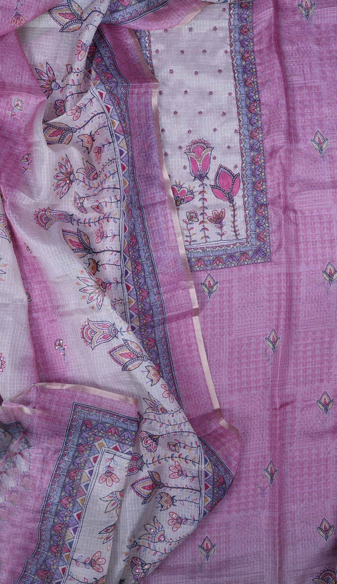 Rose Pink Kota Silk Suit Set with Pearl & Thread Work