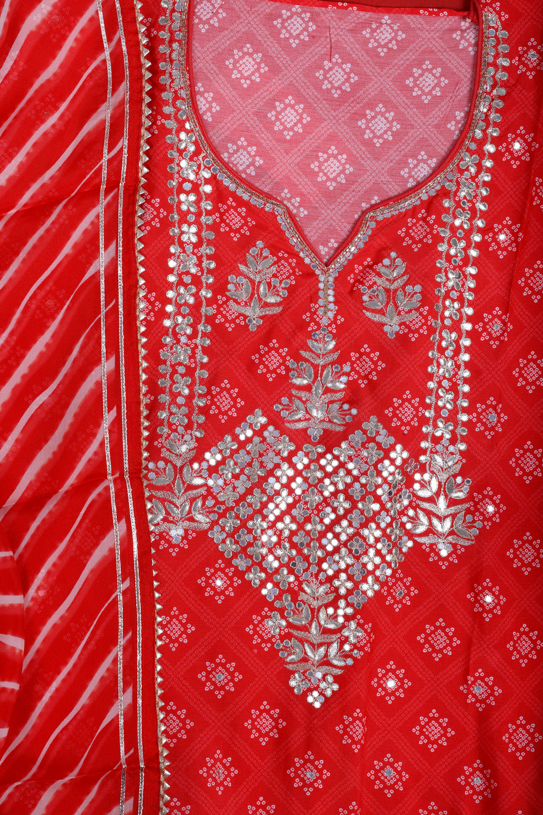 Vibrant Red Dola Silk Suit Set with Gota Work & Leheriya Organza Dupatta