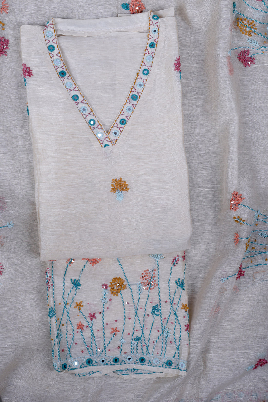 Ivory Linen Silk Suit Set with Thread & Mirror Work