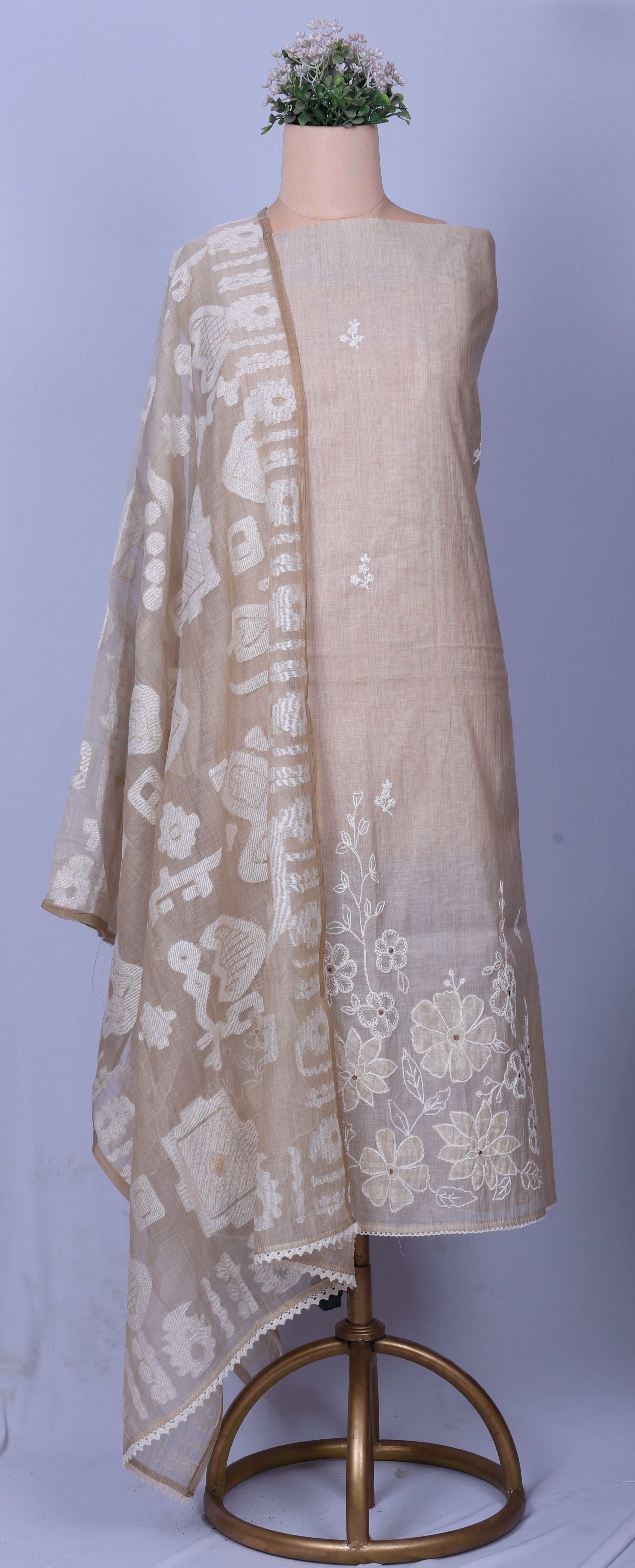 Beige Floral Appliqué Suit Set