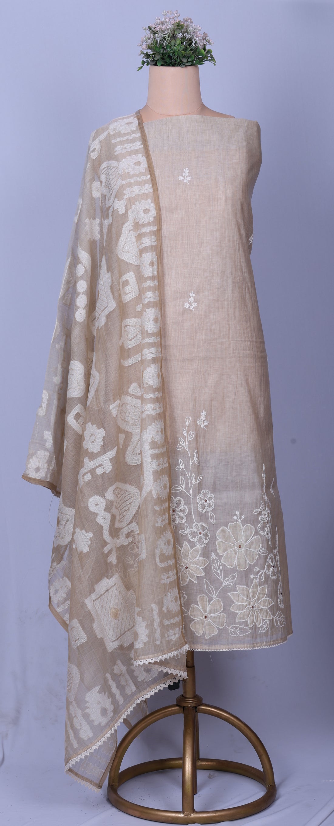 Beige Floral Appliqué Suit Set