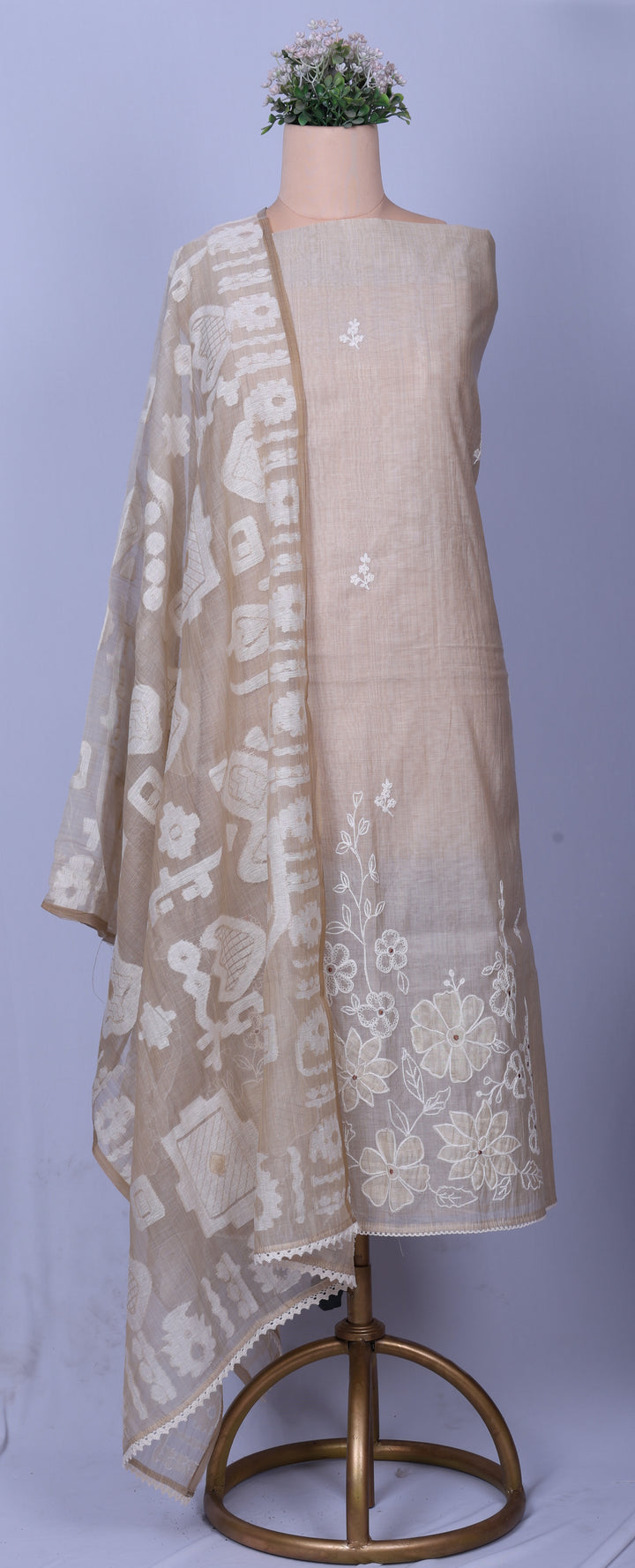 Beige Floral Appliqué Suit Set