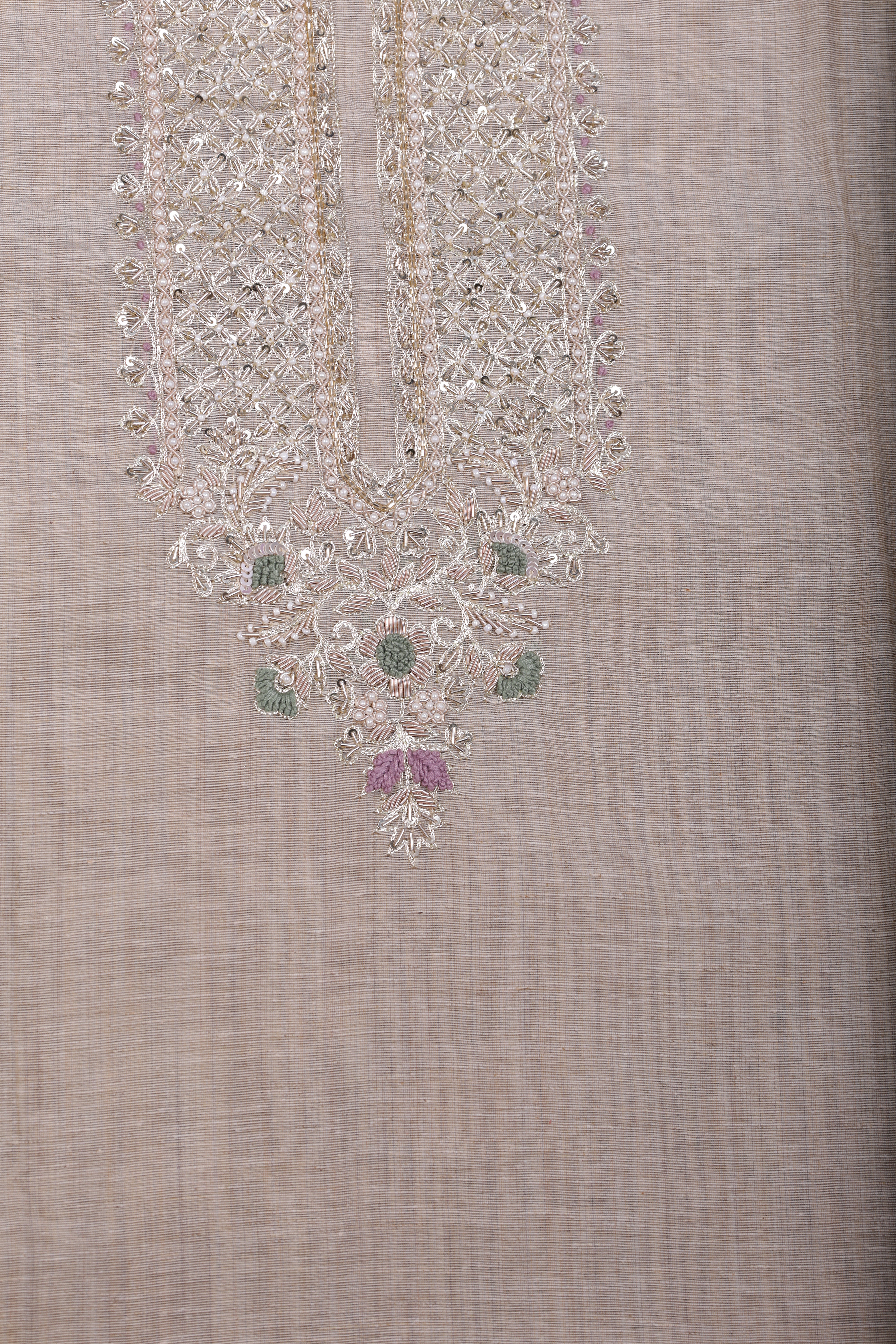 Elegant Beige Jamdani Suit Set with Zardozi & Pearl Handwork