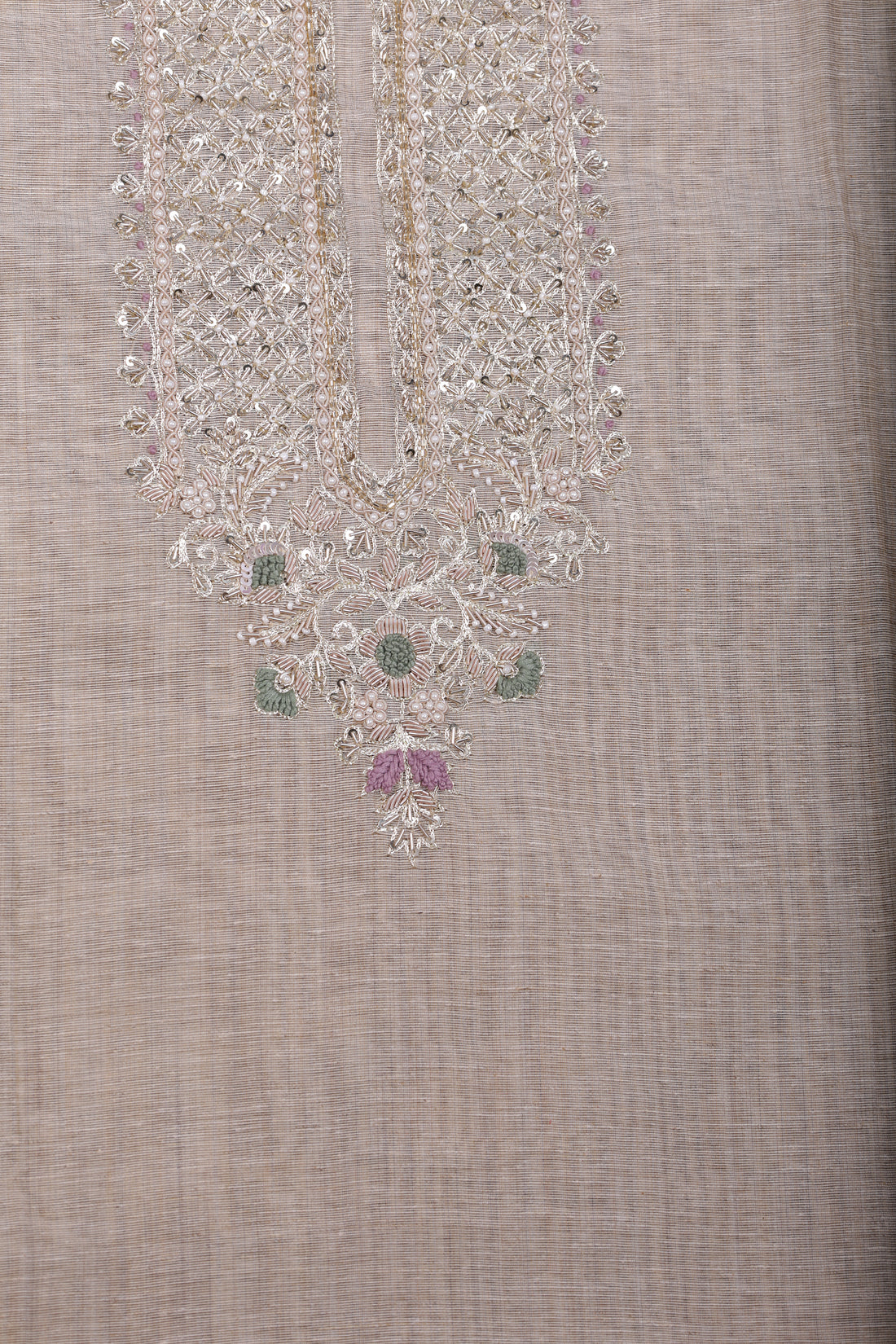 Elegant Beige Jamdani Suit Set with Zardozi & Pearl Handwork