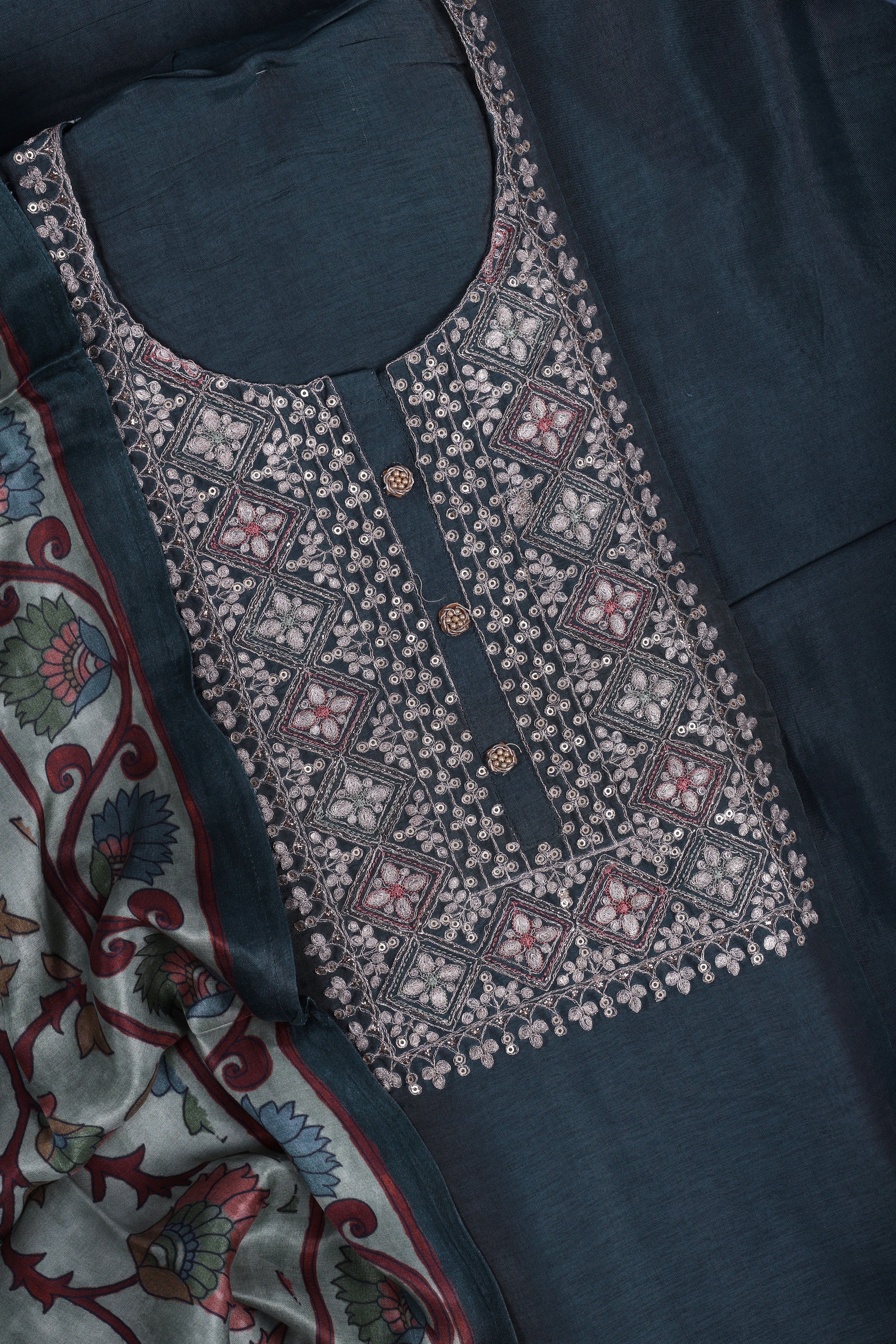 Teal Dola Silk Suit Set with Zari Work & Gaji Silk Dupatta