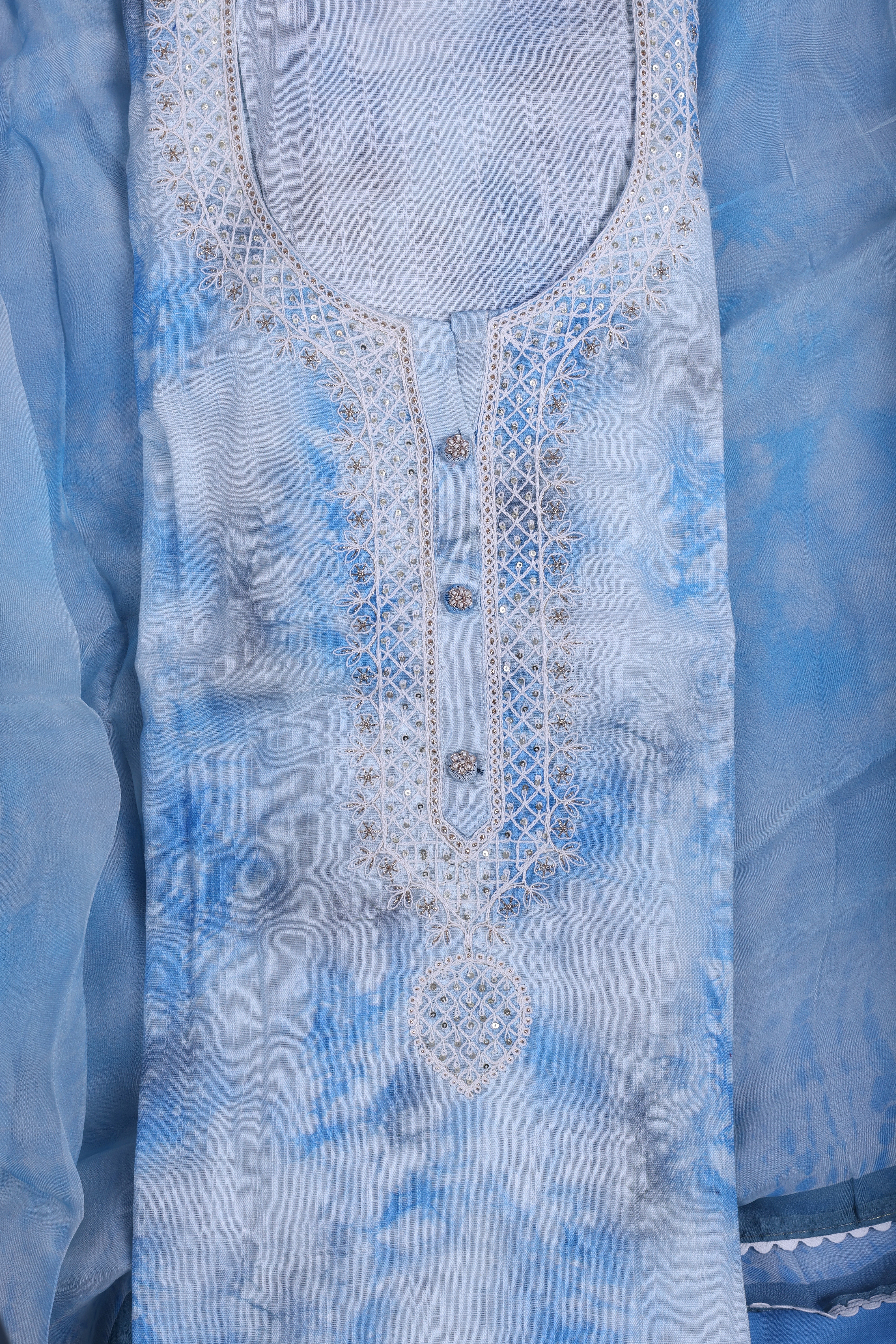 Sky Blue Linen Suit Set with Thread Embroidery & Organza Dupatta