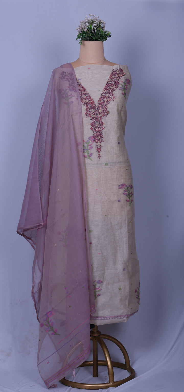 Lavender Linen Suit Set with Hand Embroidery Katha Work