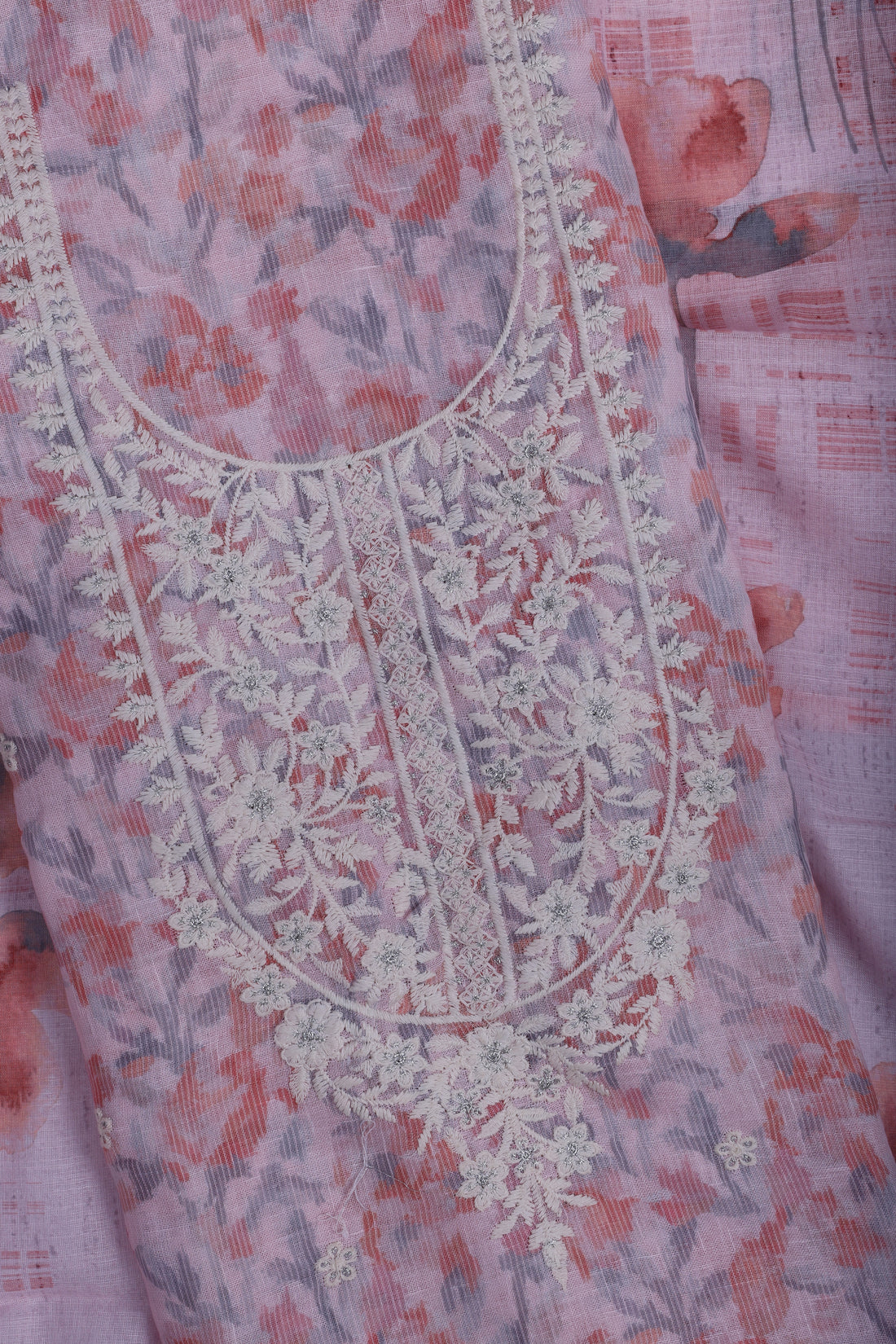 Pastel Pink Linen Digital Print Suit Set with Thread Embroidery