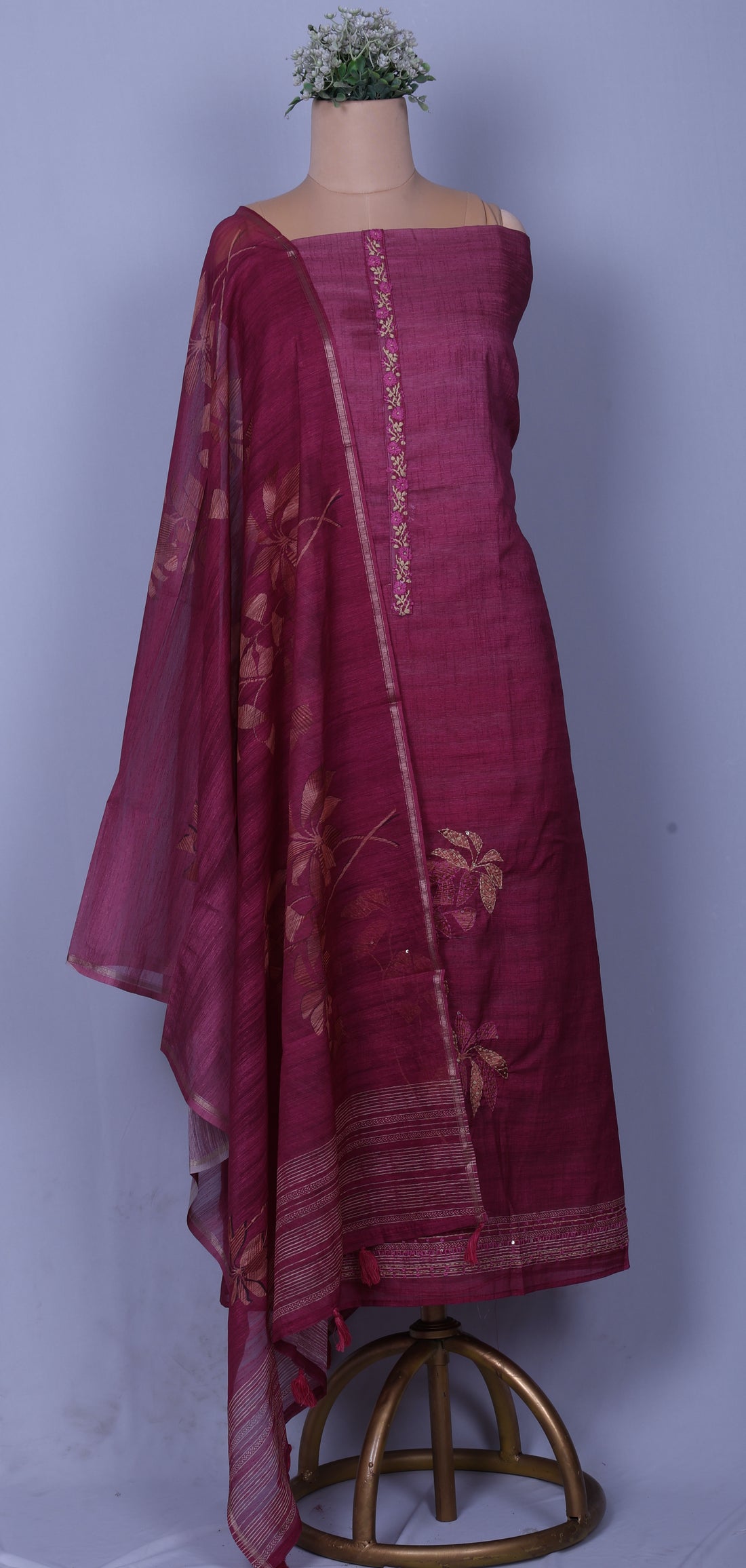 Wine Floral Linen Silk Suit Set