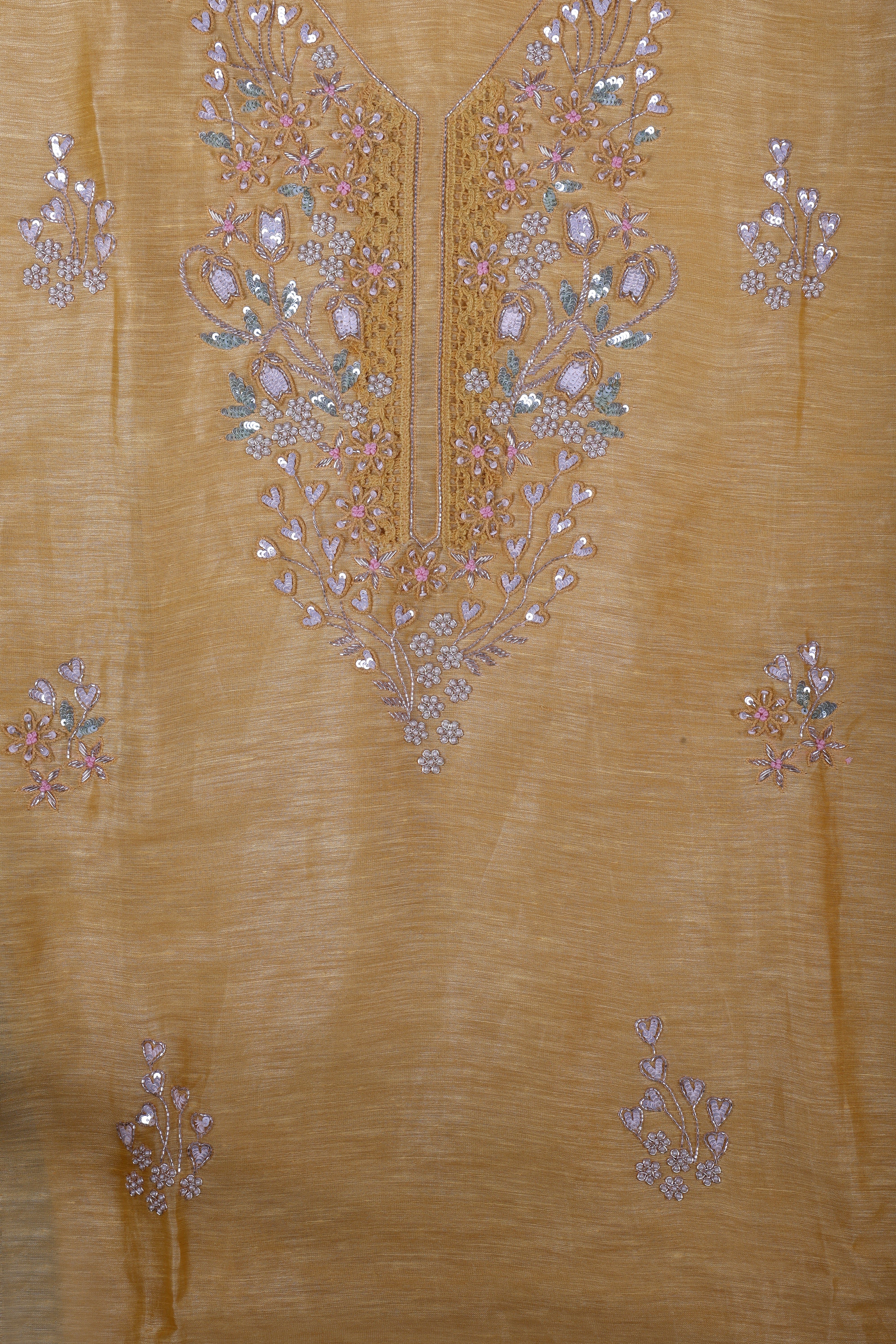 Luxury Mustard Linen Silk Suit Set with Pure Handcrafted Embroidery
