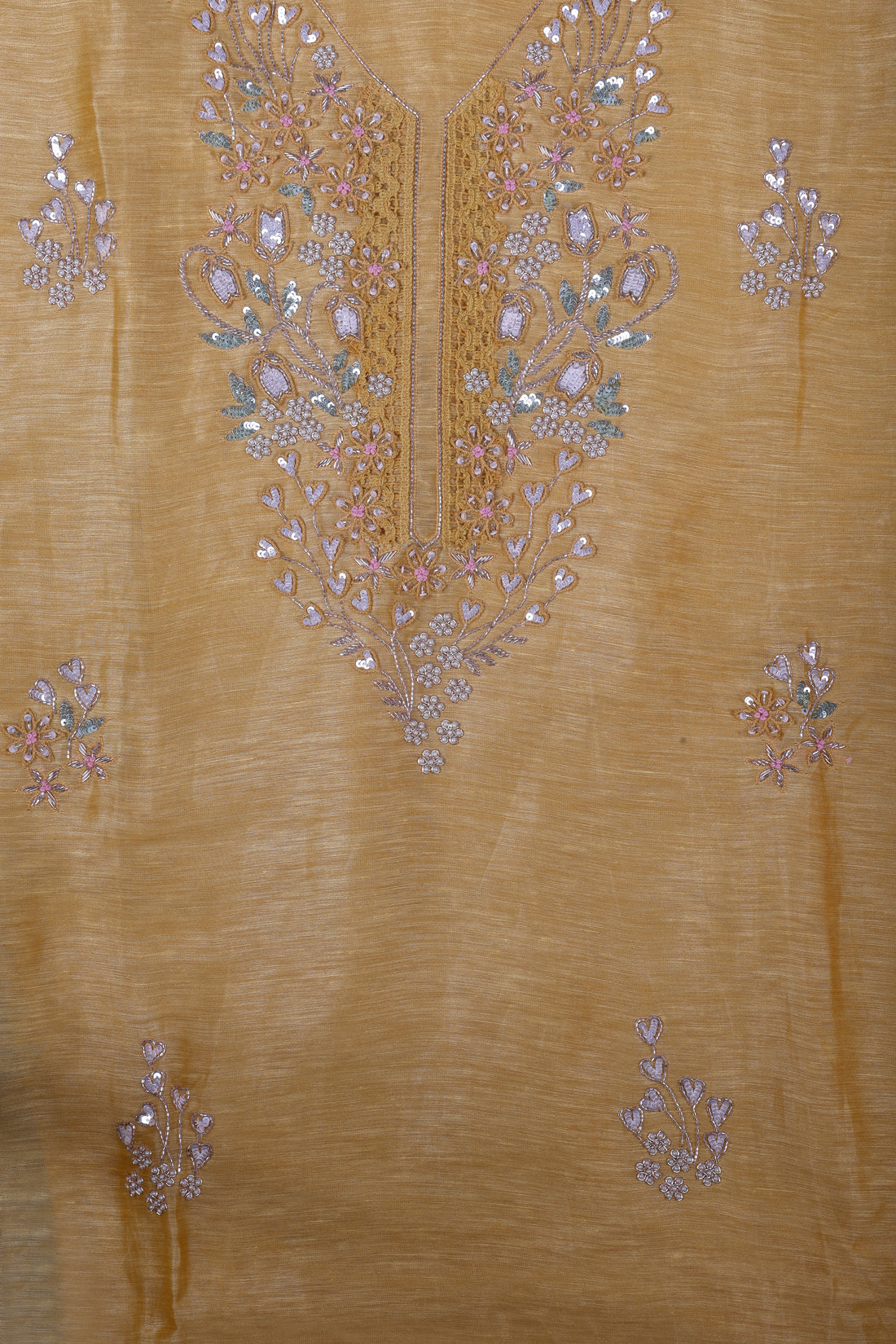 Luxury Mustard Linen Silk Suit Set with Pure Handcrafted Embroidery