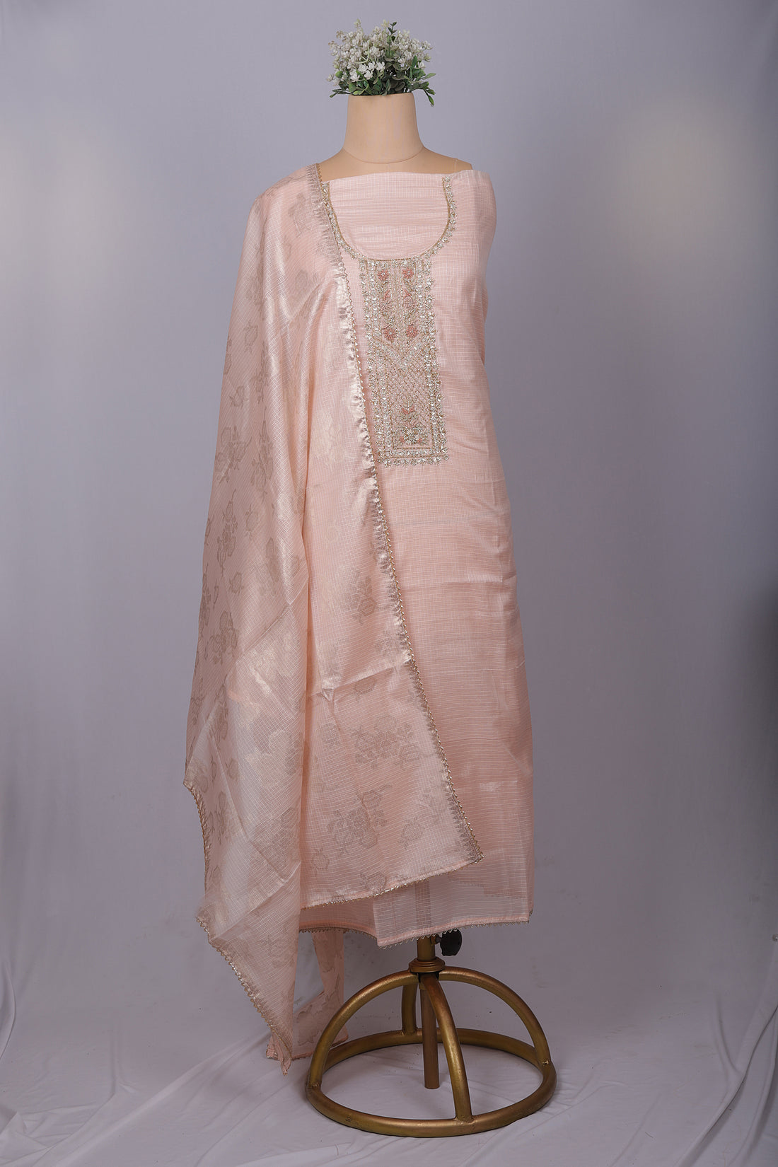 Blush Peach Kota Silk Suit Set with Zardozi Handwork