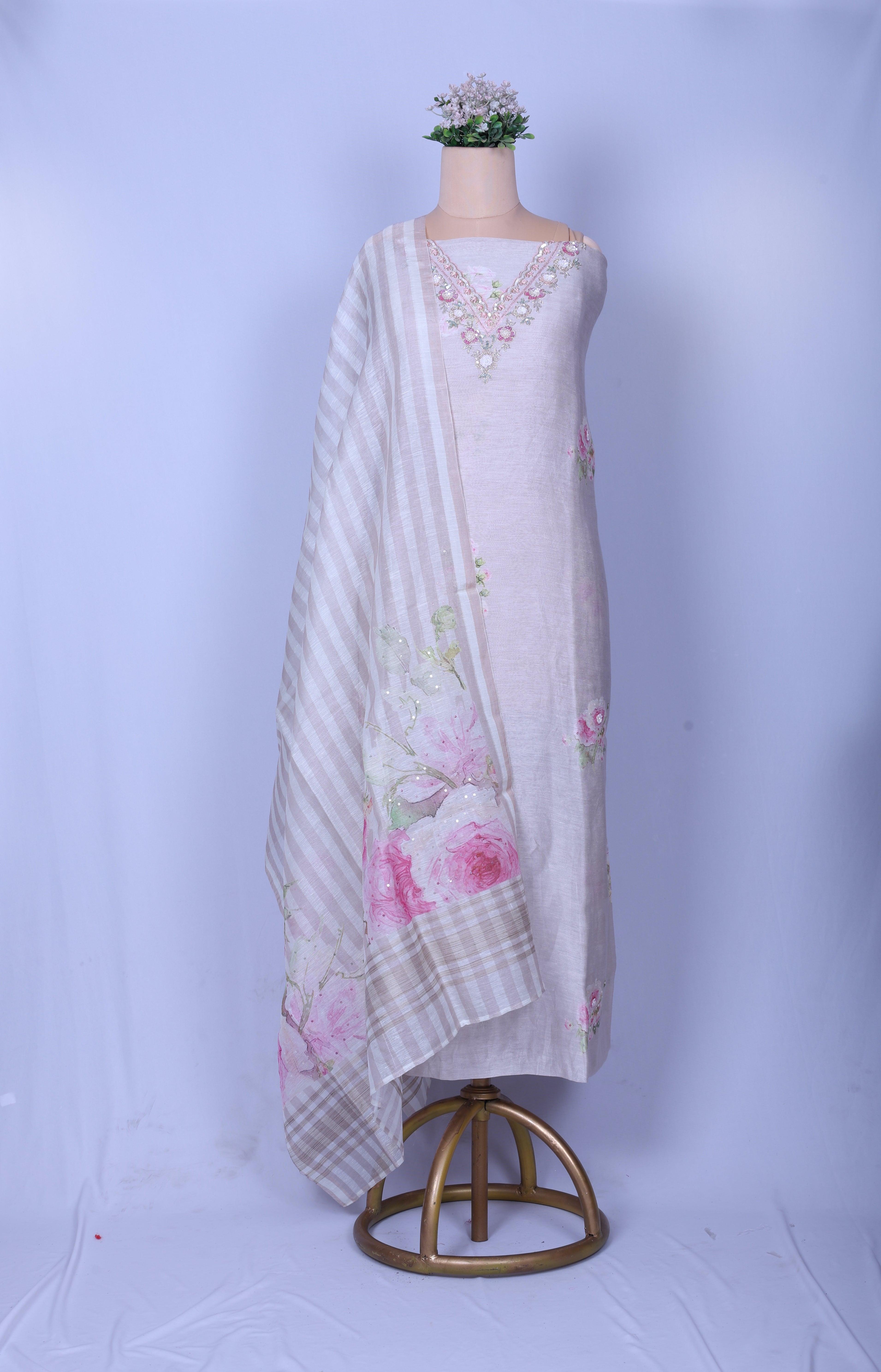 Blush Ivory Linen Silk Suit Set with Pearl & Sequin Handwork