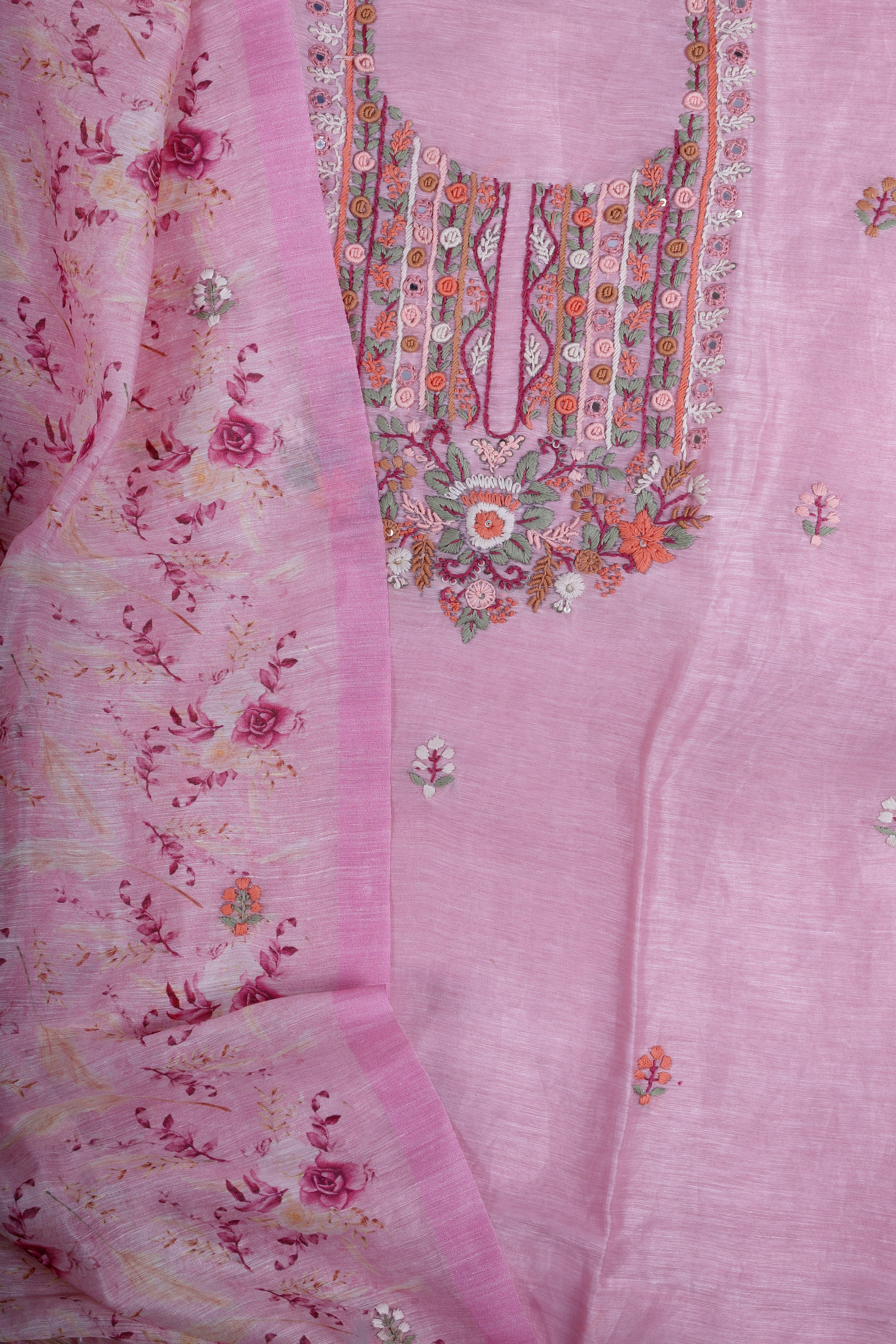 Blush Pink Linen Silk Suit Set with Hand Embroidery & Mirror Work