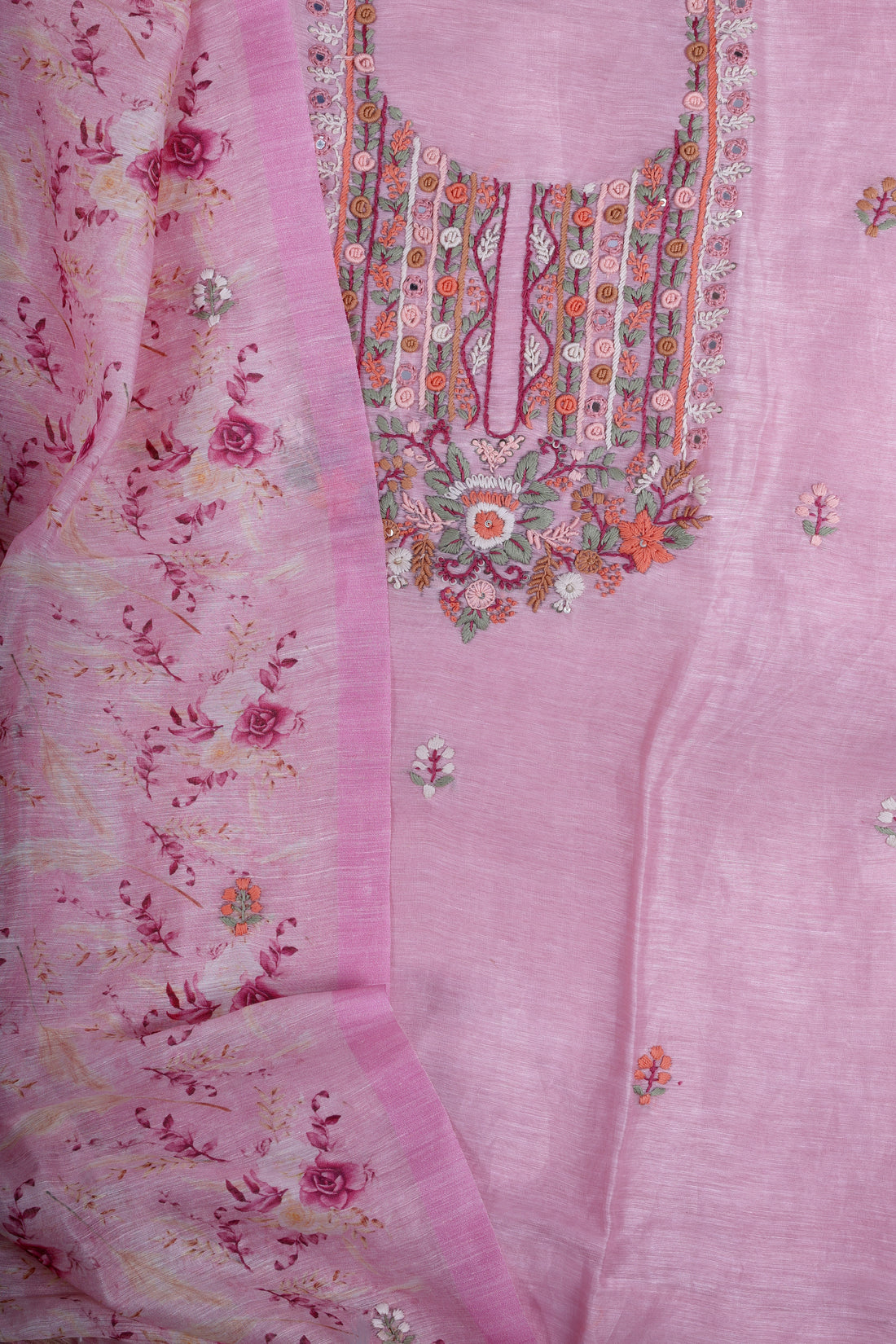 Blush Pink Linen Silk Suit Set with Hand Embroidery & Mirror Work