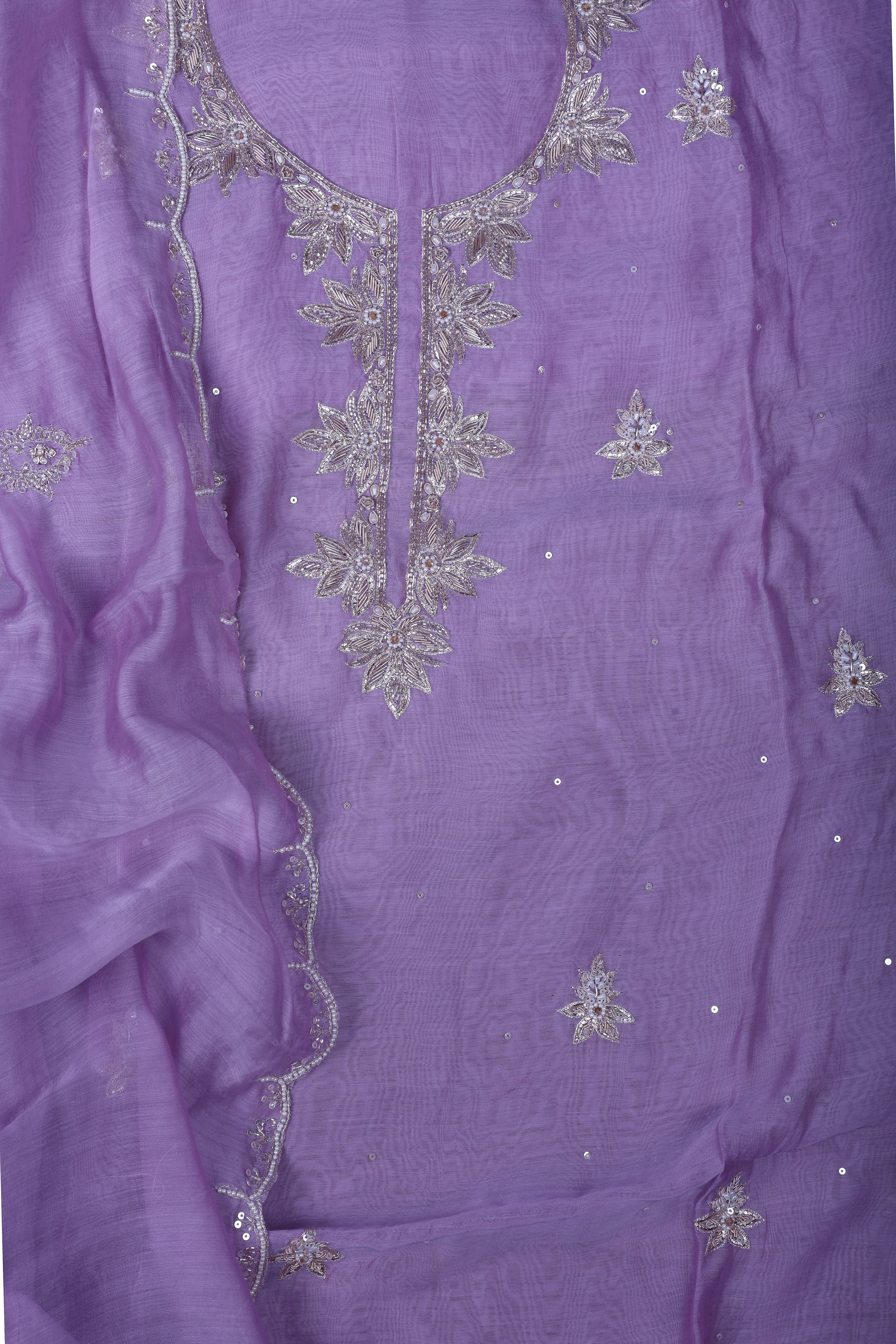 Lavender Chanderi Silk Suit Set with Pearl & Zardozi Handwork
