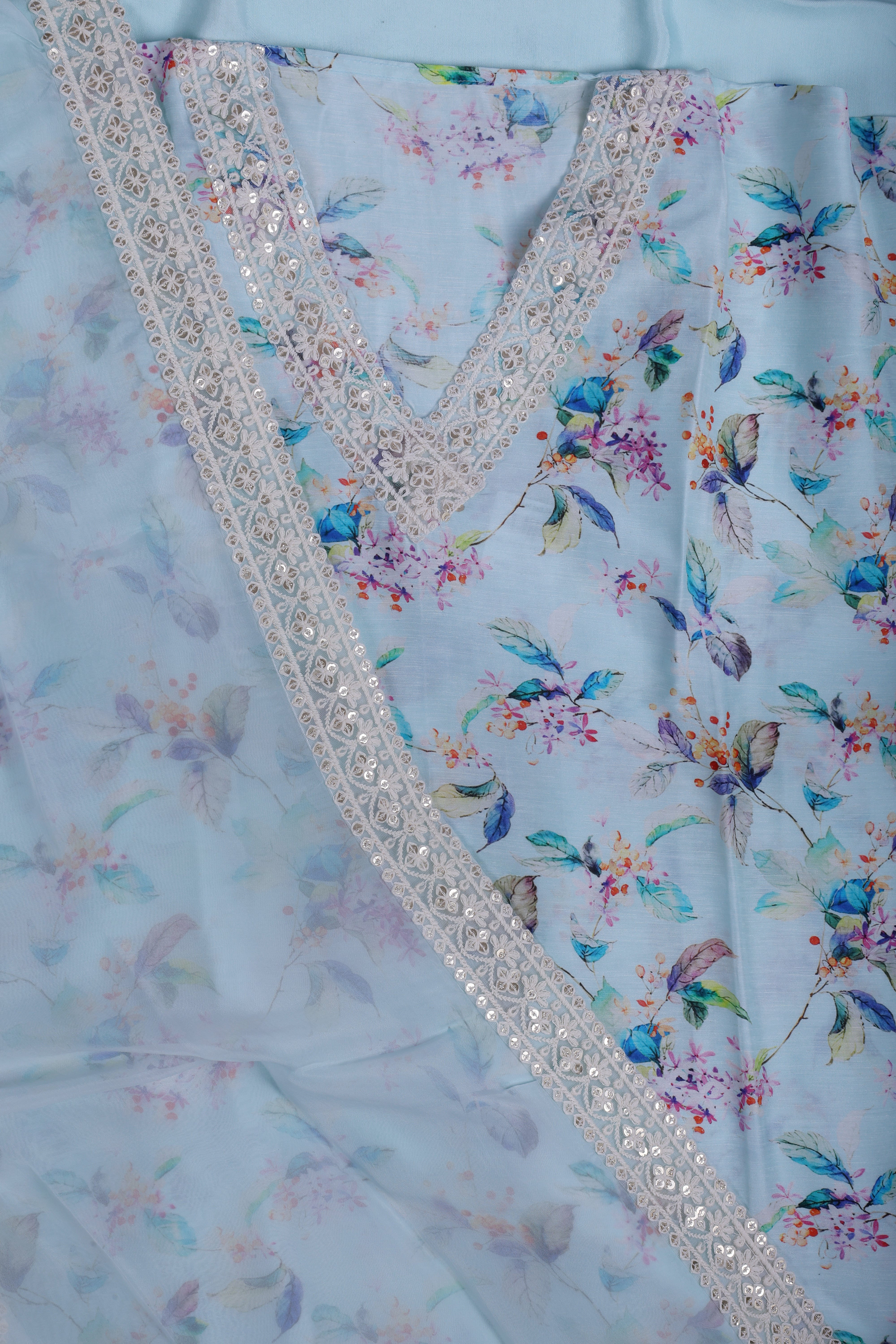 Powder Blue Linen Suit Set with Floral Print & Organza Dupatta