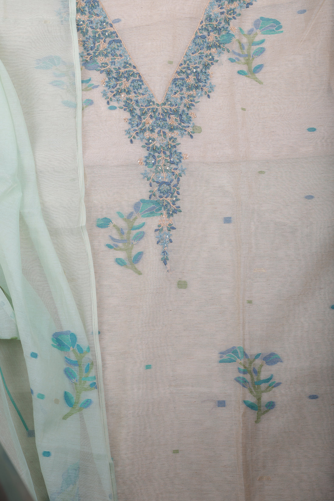 Pastel Mint Linen Suit Set with Hand Embroidery Katha Work