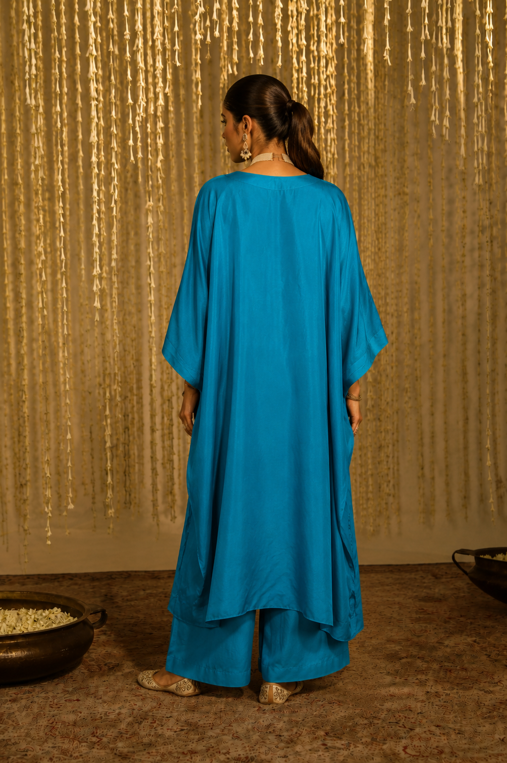 Turquoise Satin Embroidered Kaftan Set