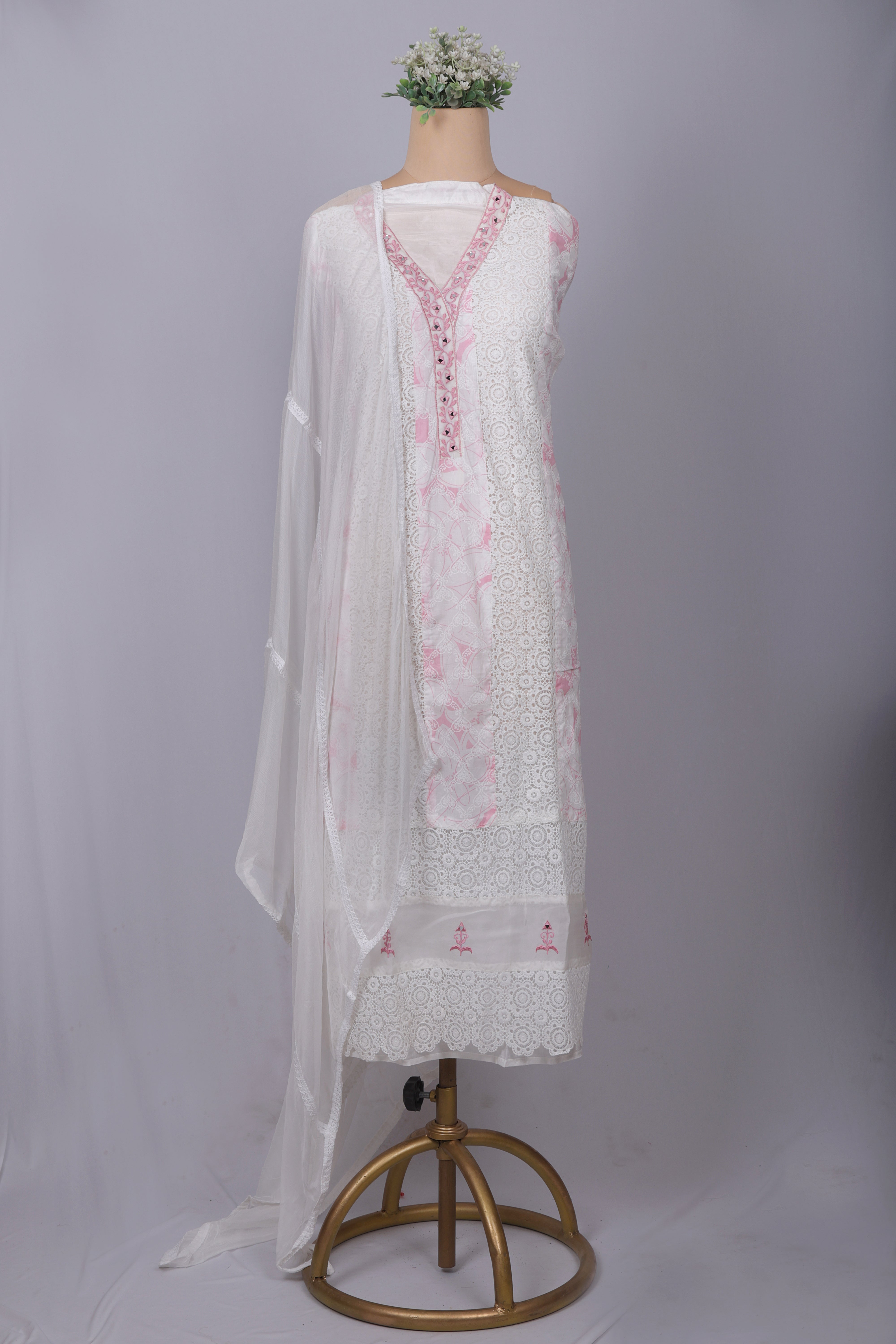 Elegant White Mul Cotton Suit Set with Mirror Work Neckline