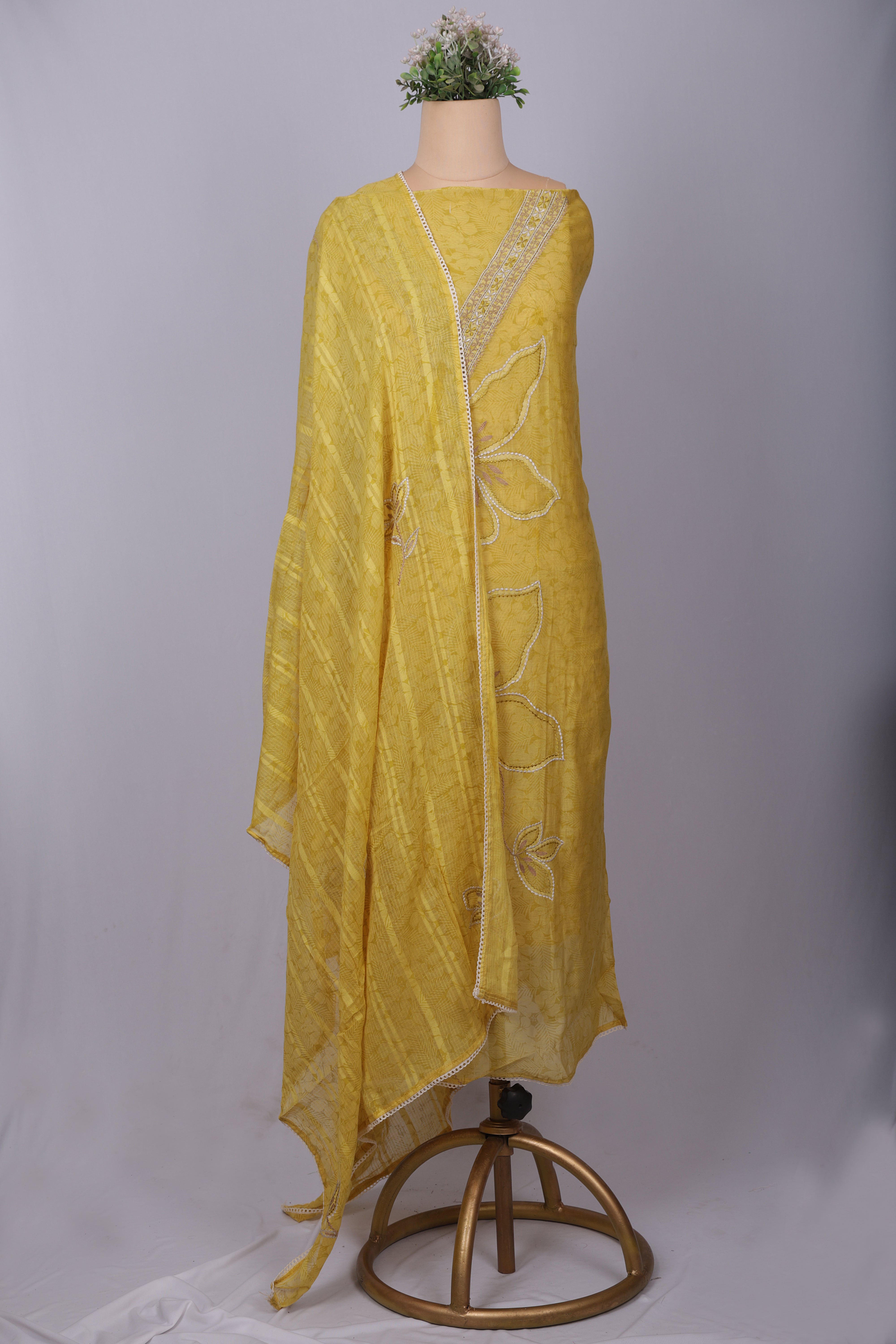 Sunshine Yellow Chanderi Silk Suit Set with Appliqué Thread Work