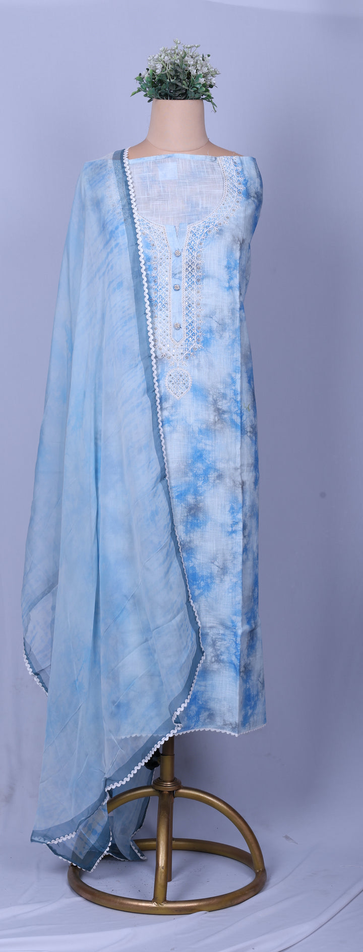 Sky Blue Linen Suit Set with Thread Embroidery & Organza Dupatta