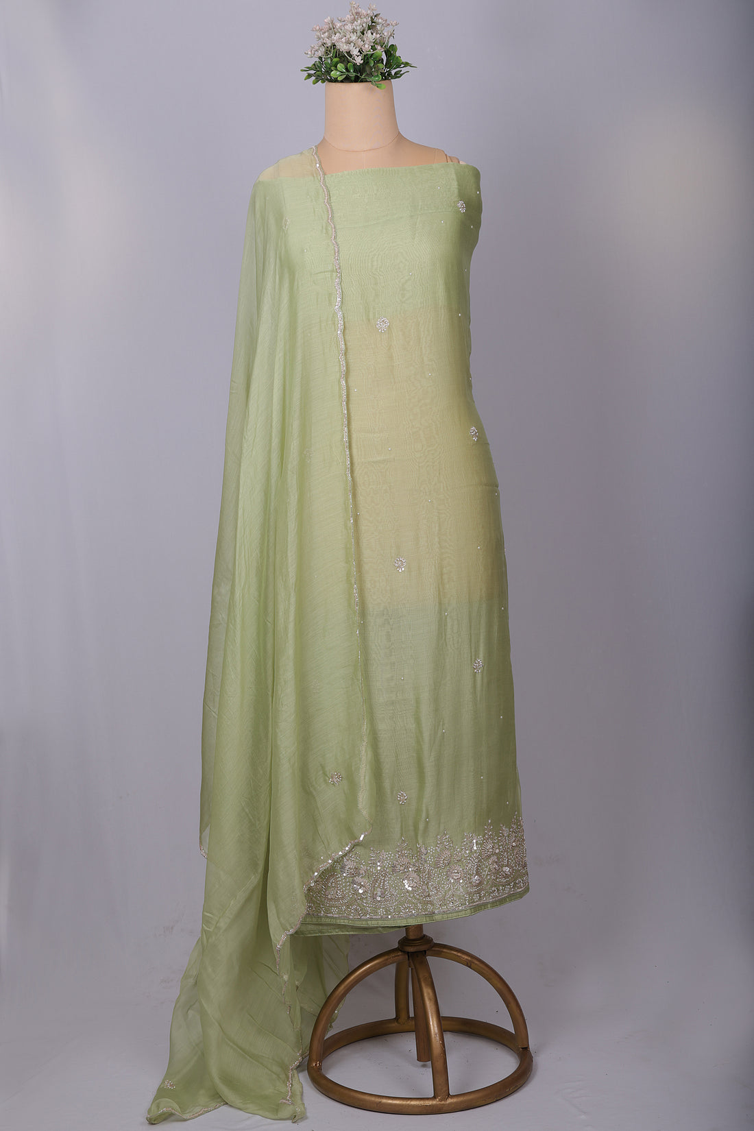 Pastel Green Organza Silk Suit Set with Heavy Hand Embroidery