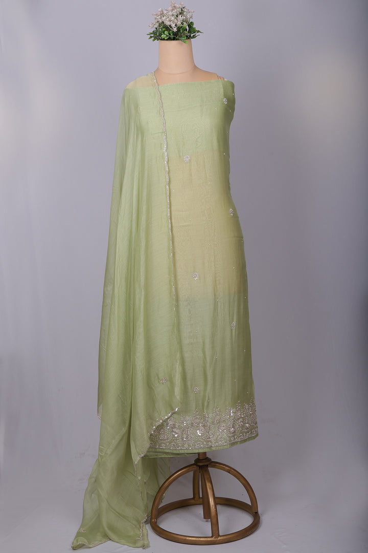 Pastel Green Organza Silk Suit Set with Heavy Hand Embroidery