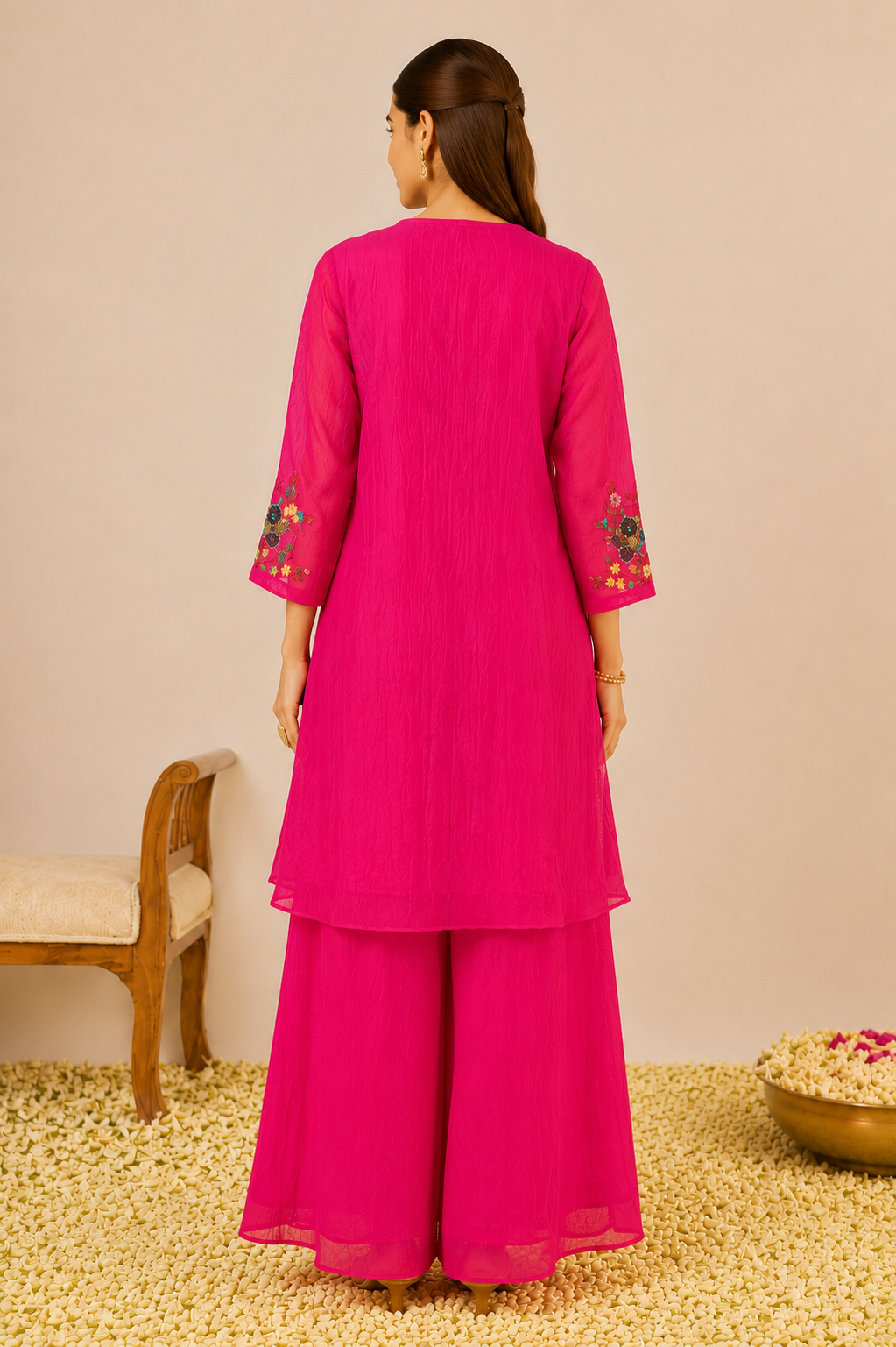Fuchsia Bloom Hand-Embroidered Mul Chanderi Co-Ord Set