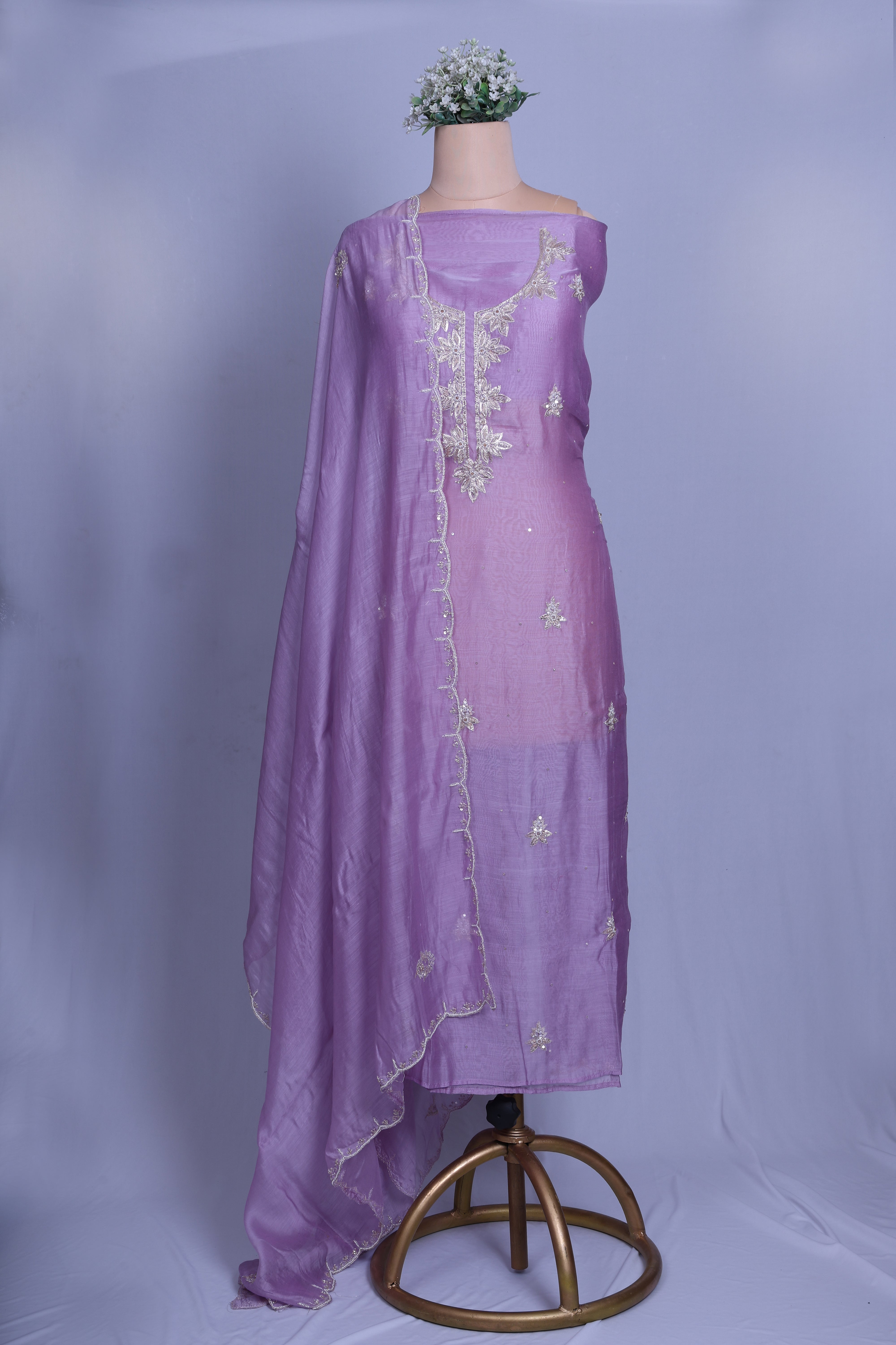 Lavender Chanderi Silk Suit Set with Pearl & Zardozi Handwork