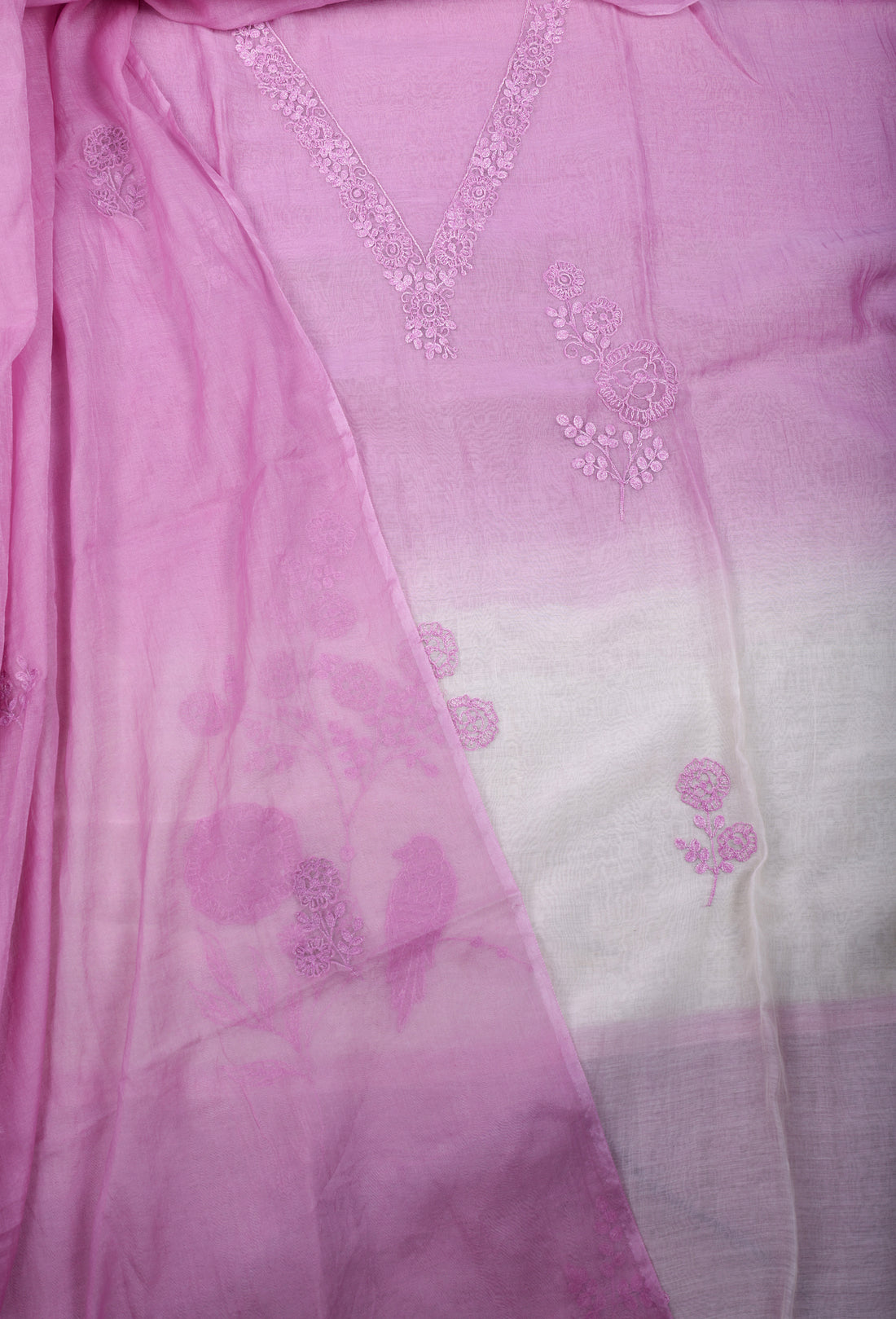 Pink Ombre Chanderi Suit Set with Delicate Thread Embroidery