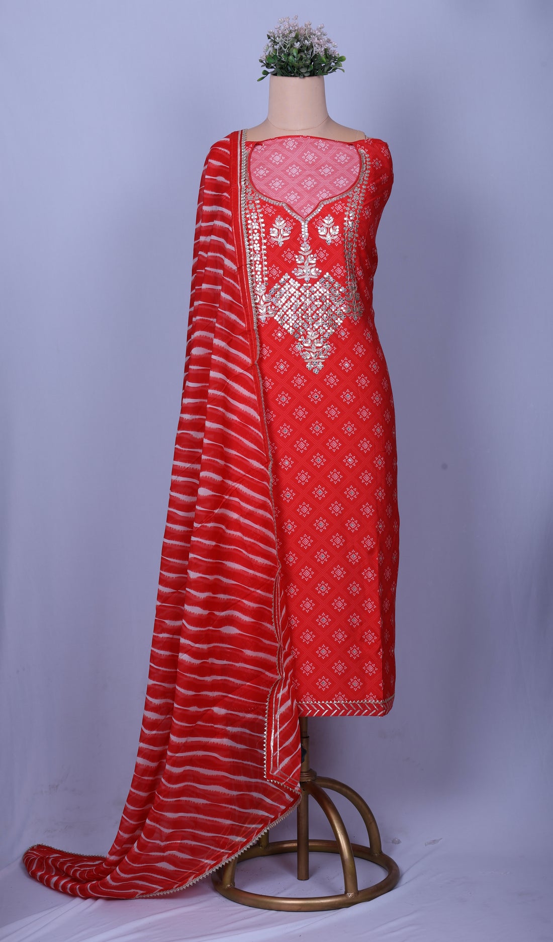 Vibrant Red Dola Silk Suit Set with Gota Work & Leheriya Organza Dupatta