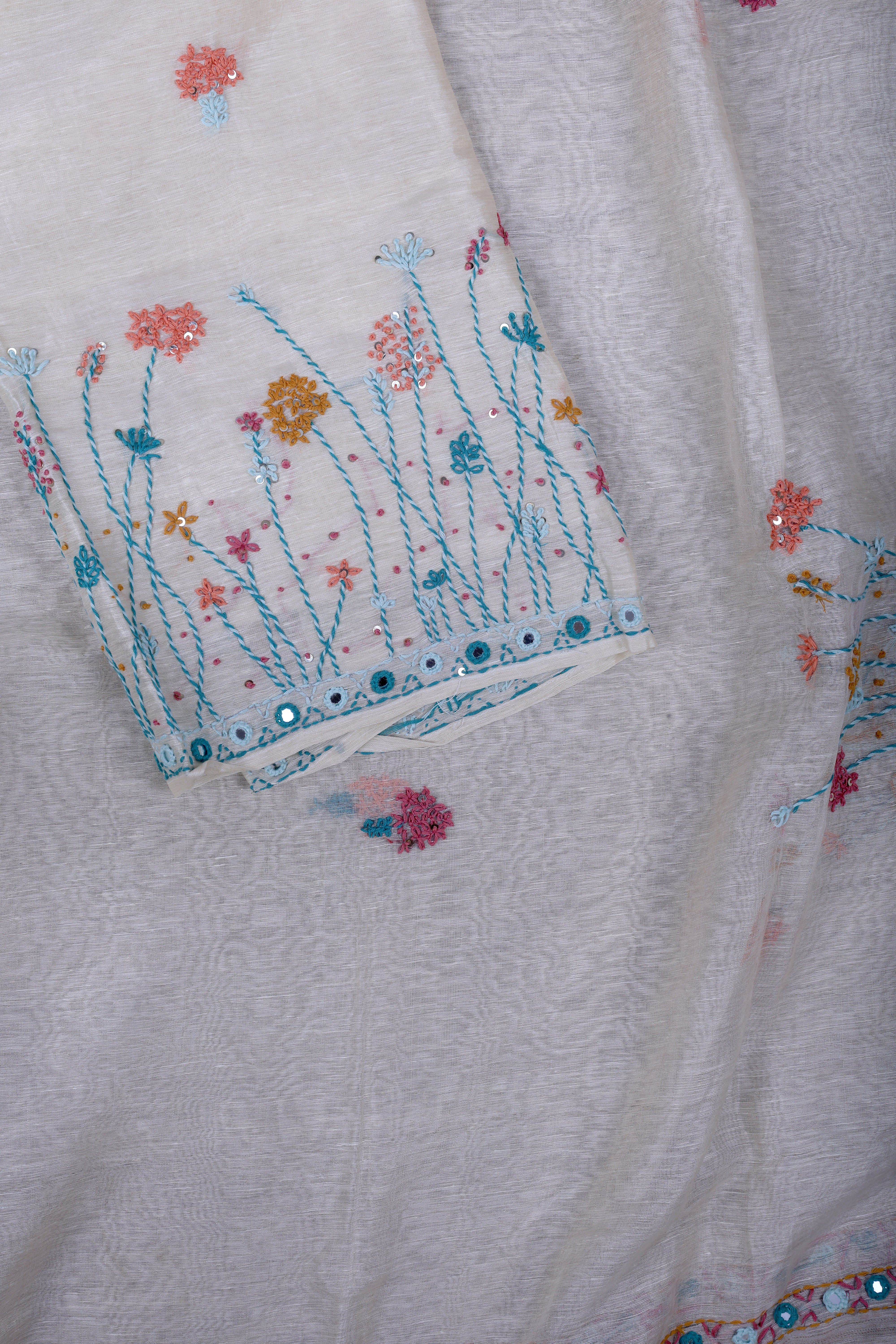 Ivory Linen Silk Suit Set with Thread & Mirror Work