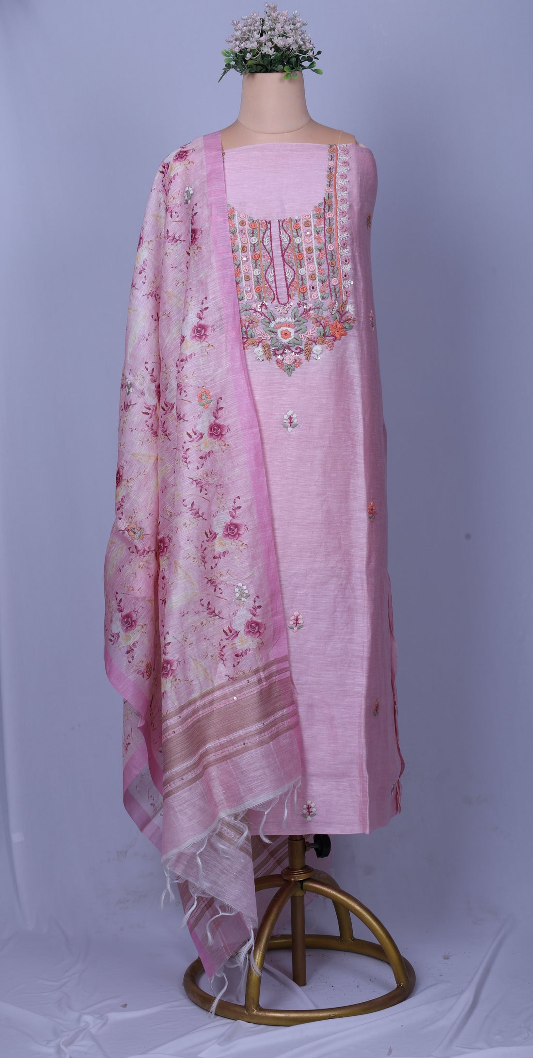 Blush Pink Linen Silk Suit Set with Hand Embroidery & Mirror Work