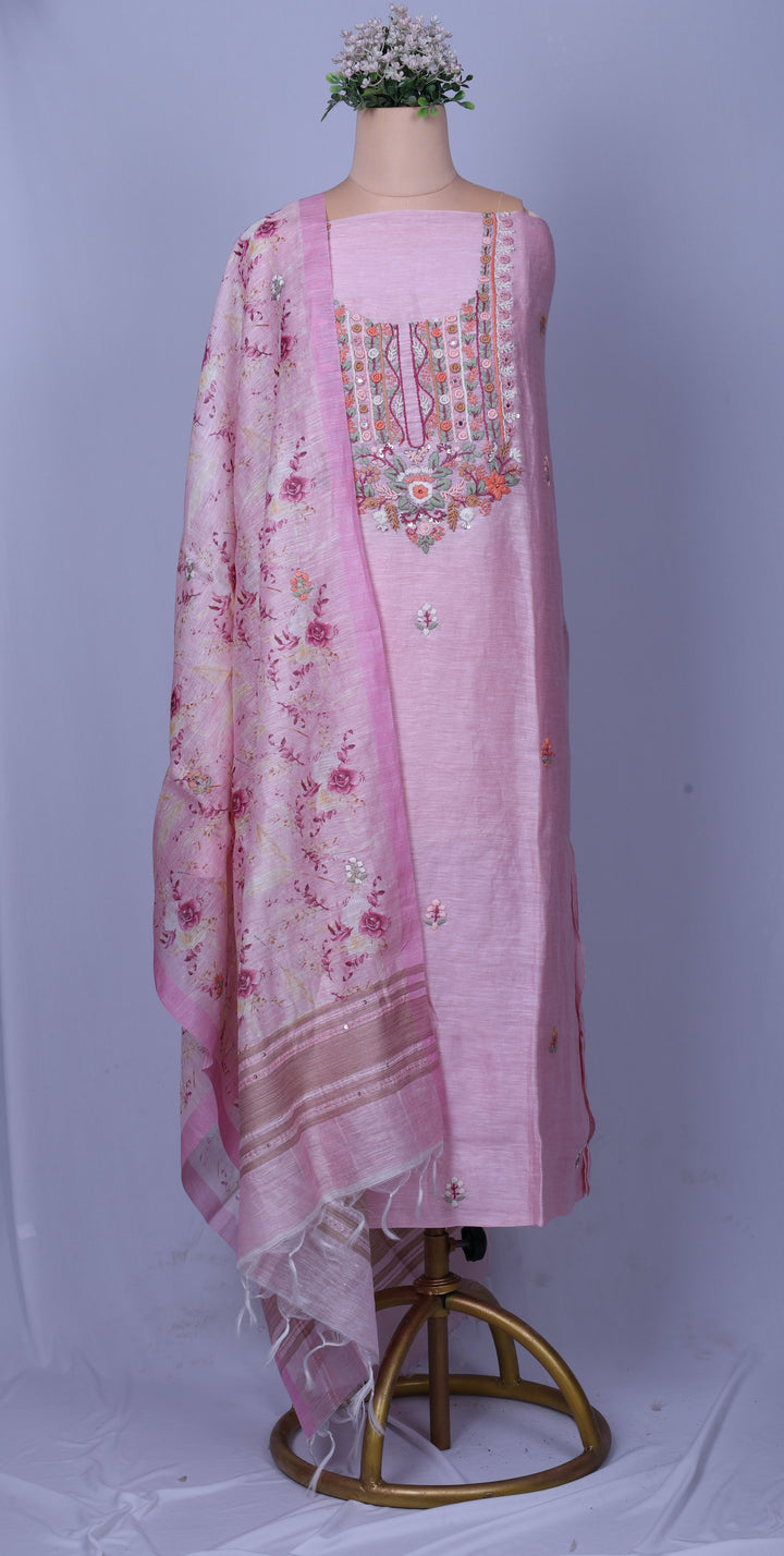Blush Pink Linen Silk Suit Set with Hand Embroidery & Mirror Work