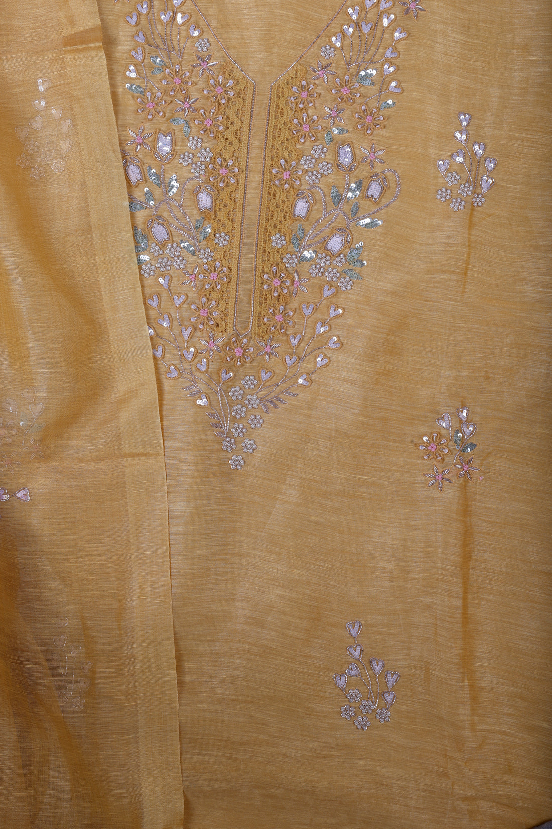 Luxury Mustard Linen Silk Suit Set with Pure Handcrafted Embroidery