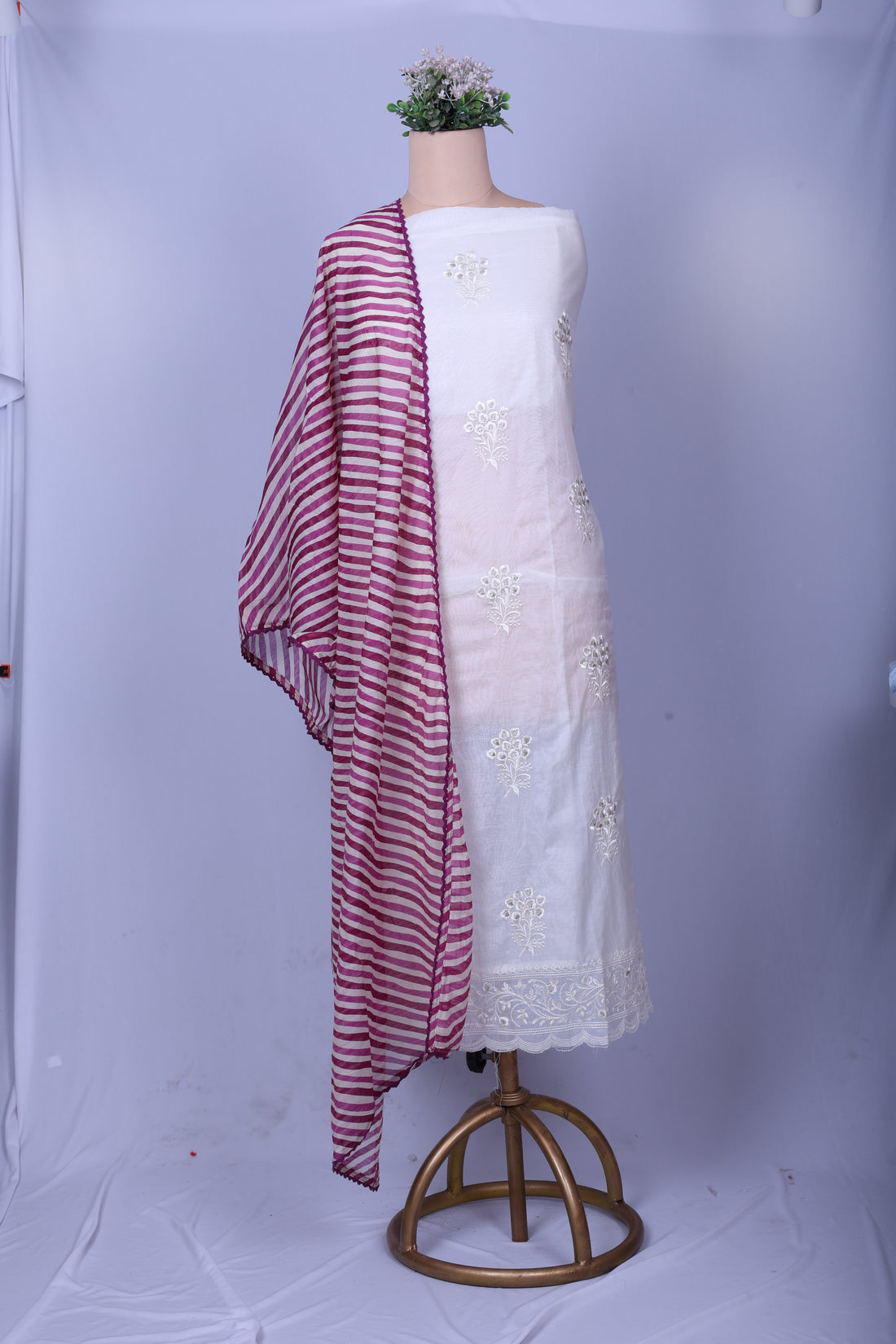 Ivory Mul Chanderi Suit Set with Berry Striped Dupatta