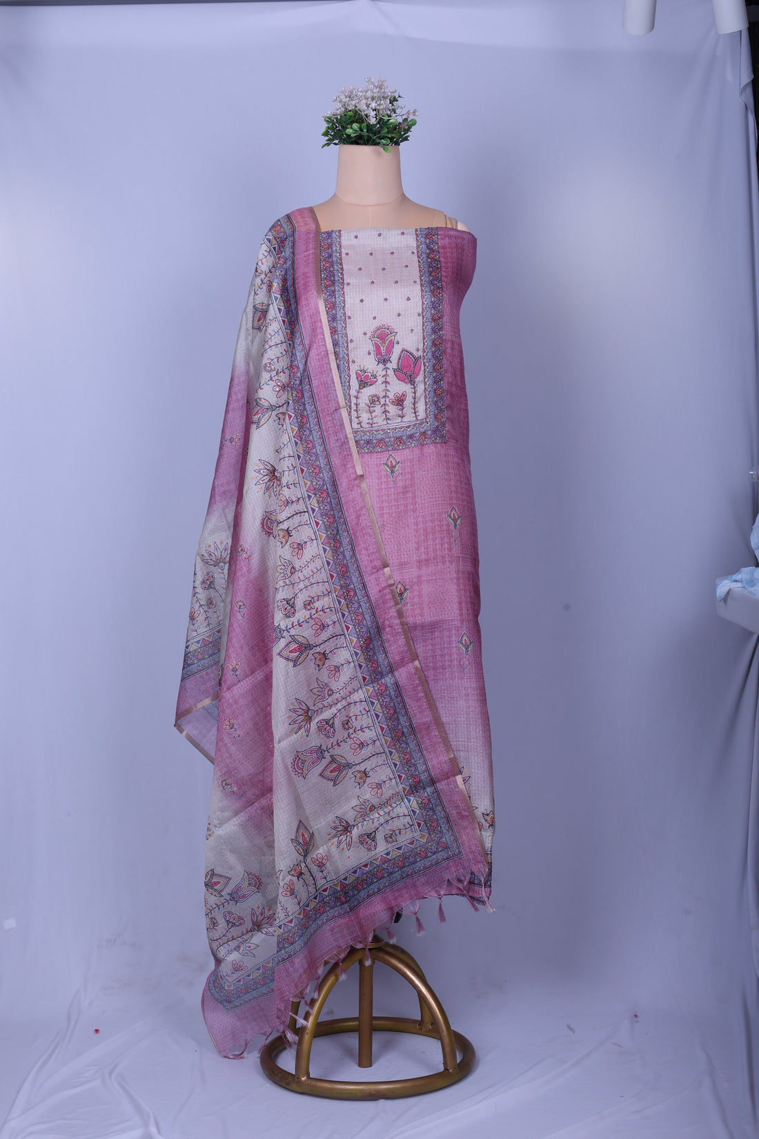 Rose Pink Kota Silk Suit Set with Pearl & Thread Work