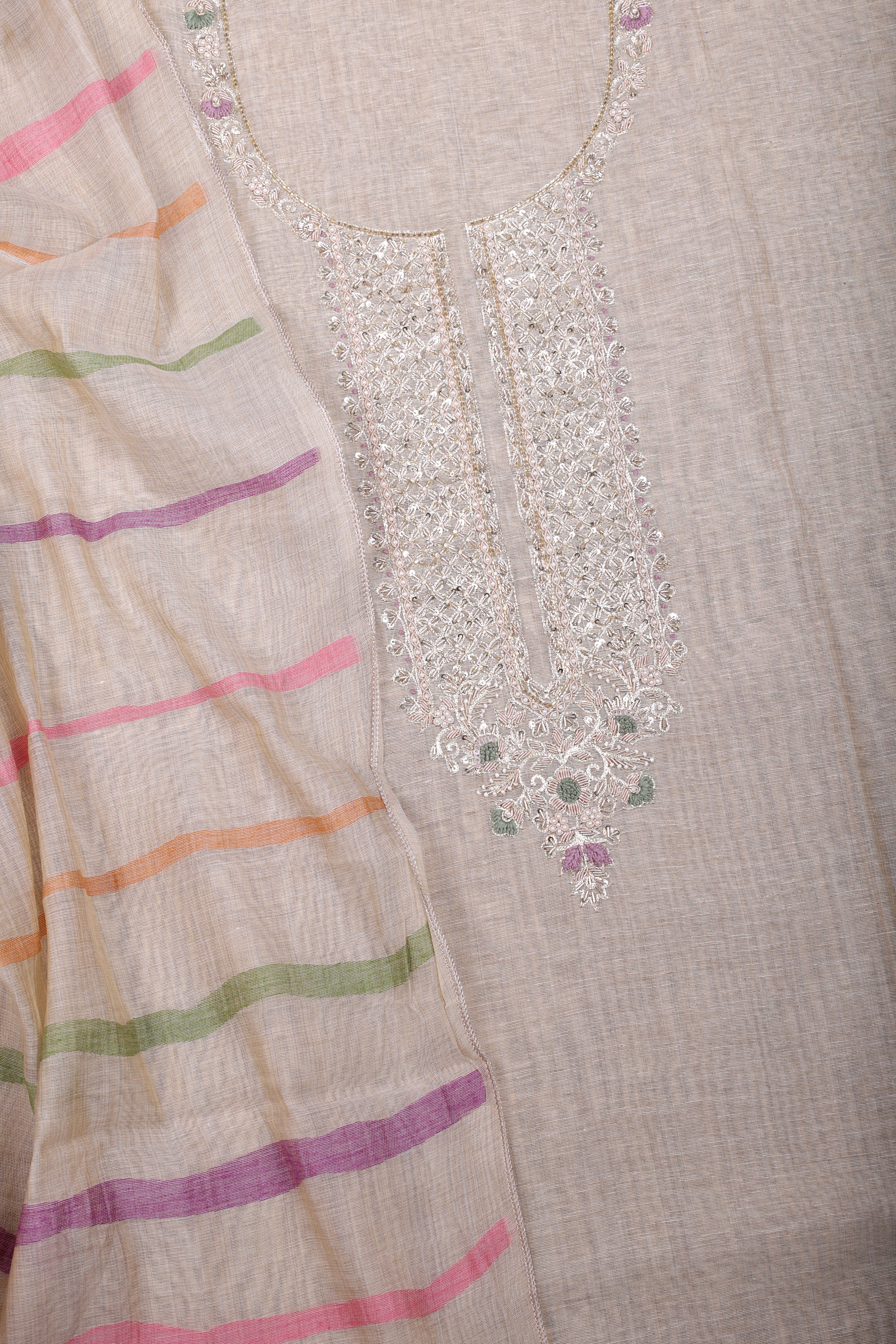 Elegant Beige Jamdani Suit Set with Zardozi & Pearl Handwork