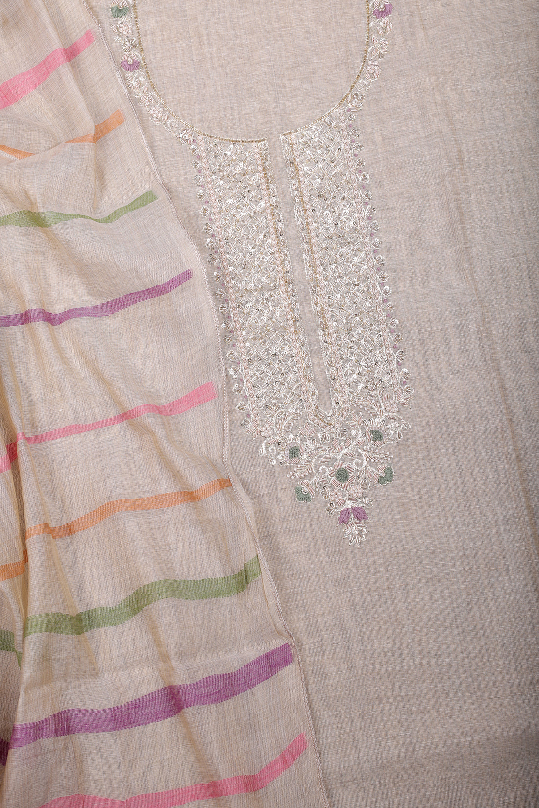 Elegant Beige Jamdani Suit Set with Zardozi & Pearl Handwork