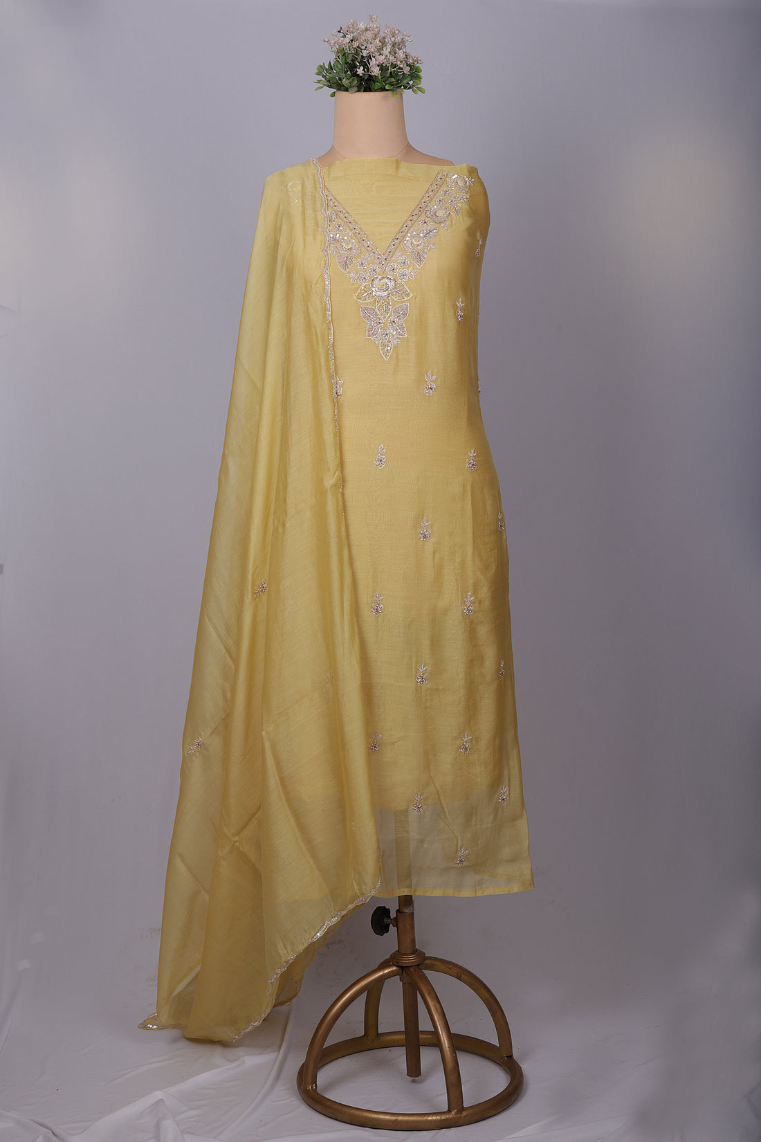 Butter Yellow Chanderi Silk Suit Set with Zardozi & Pearl Work