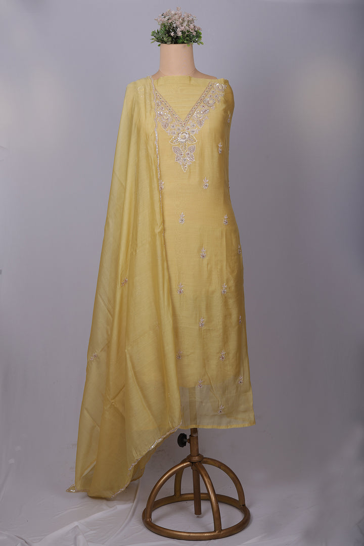 Butter Yellow Chanderi Silk Suit Set with Zardozi & Pearl Work