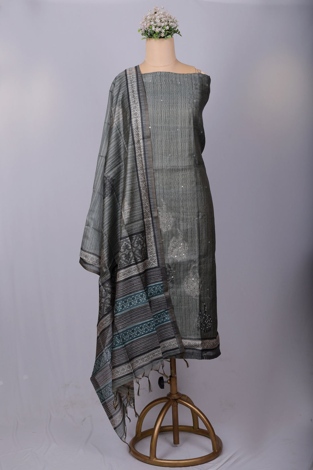 Elegant Grey Handloom Silk Suit Set