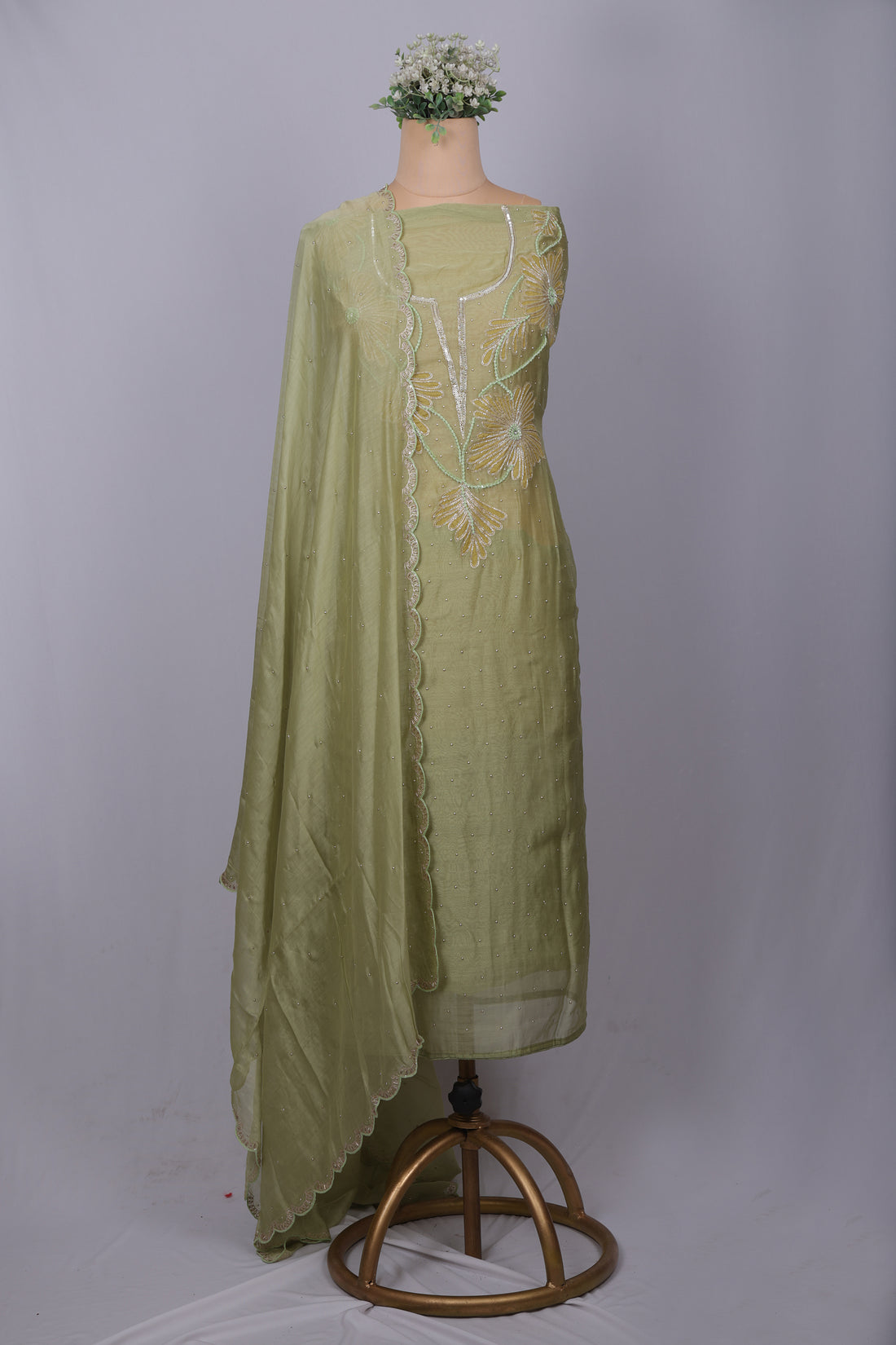 Elegant Sage Green Chanderi Silk Suit Set with Pearl & Katdana Work