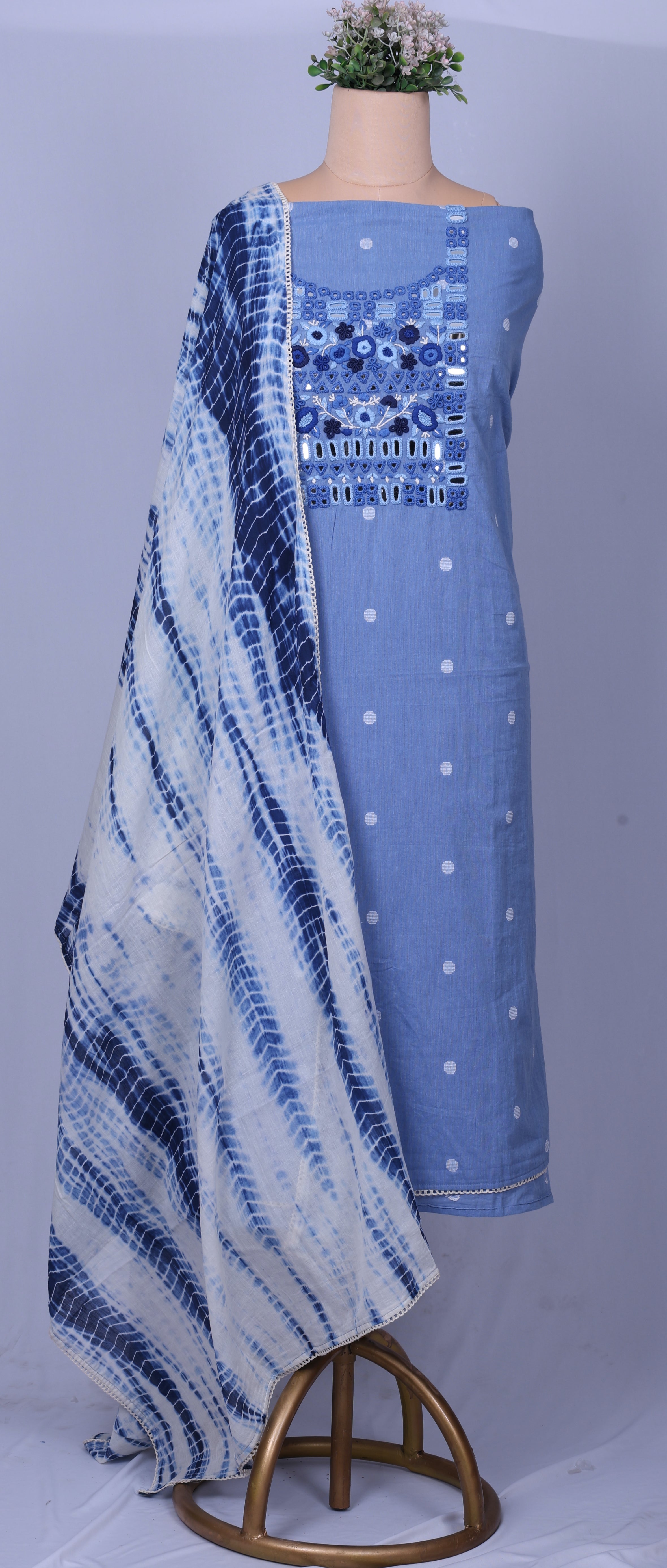 Sky Blue Linen Cotton Suit Set with Hand Thread Embroidery & Mirror Work