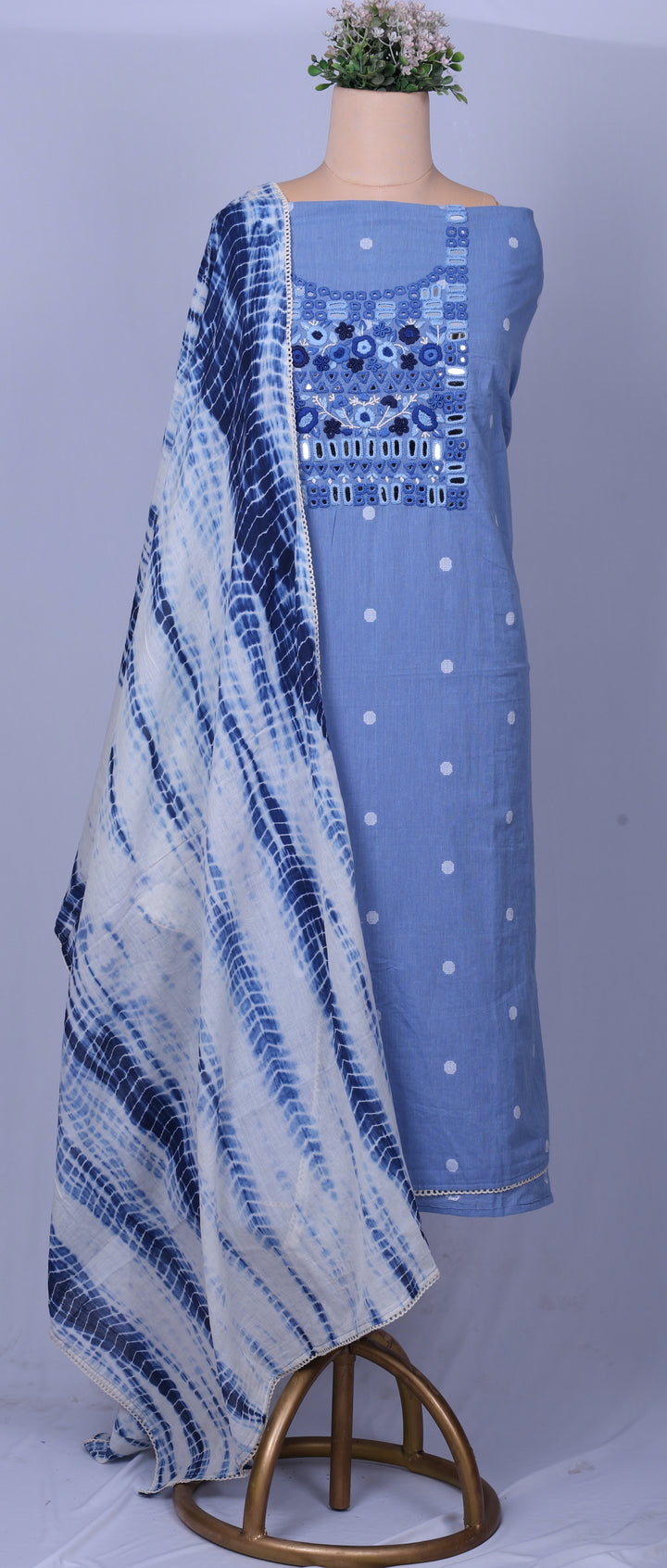 Sky Blue Linen Cotton Suit Set with Hand Thread Embroidery & Mirror Work