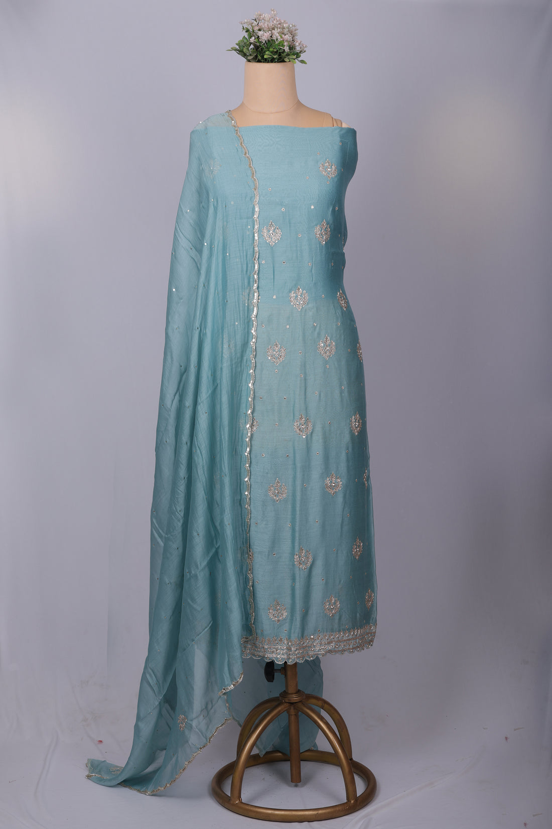 Sky Blue Chanderi Silk Suit Set with Zari & Zardozi Work