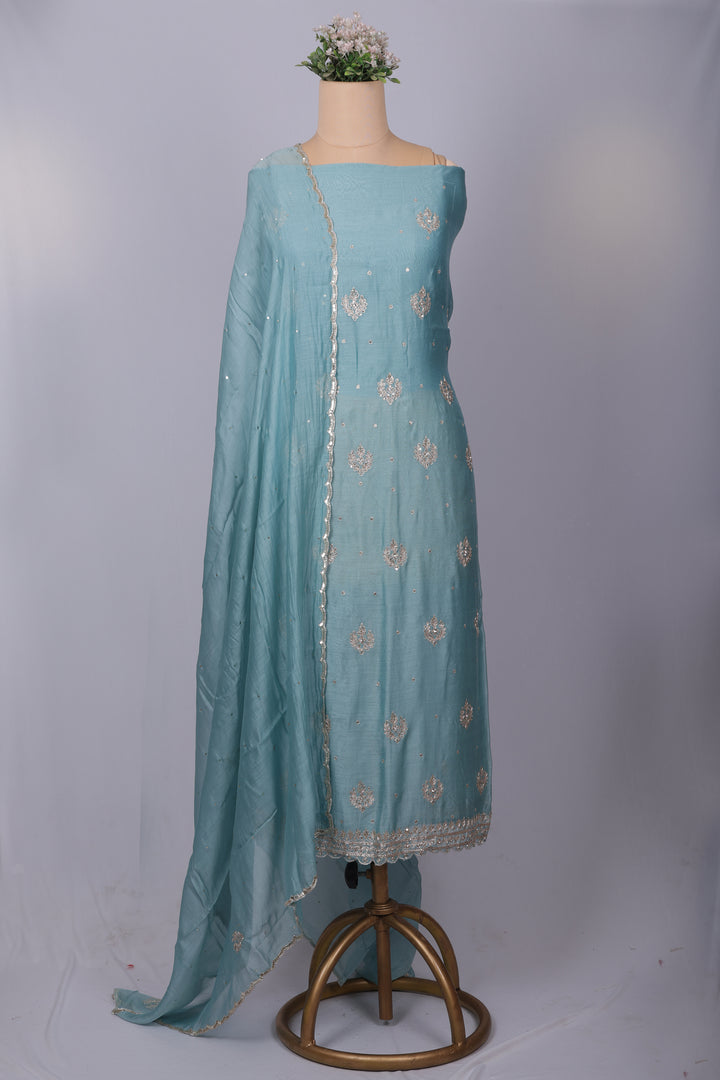 Sky Blue Chanderi Silk Suit Set with Zari & Zardozi Work