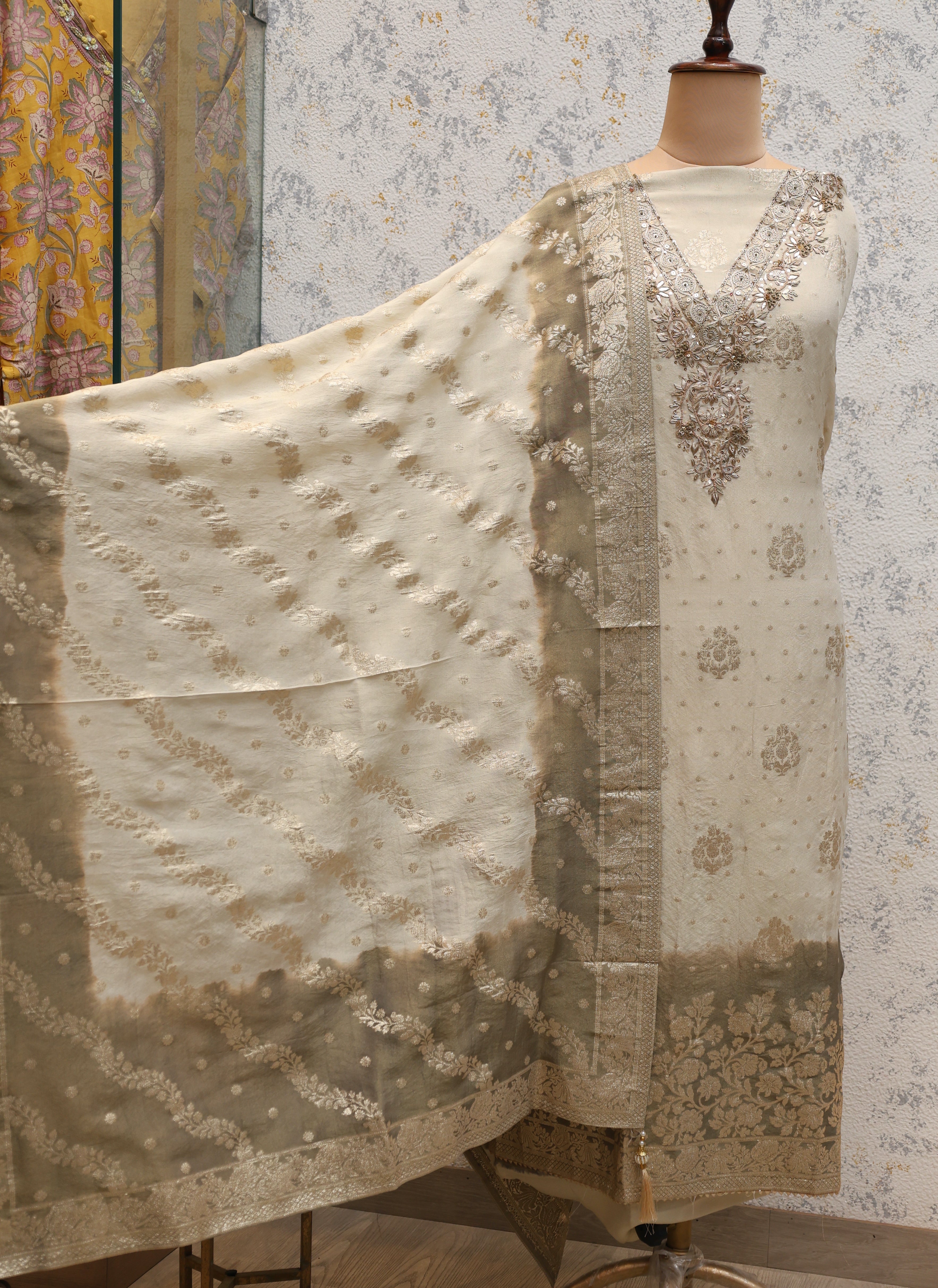 Ivory Banarasi Tissue Suit Set with Zardozi Work